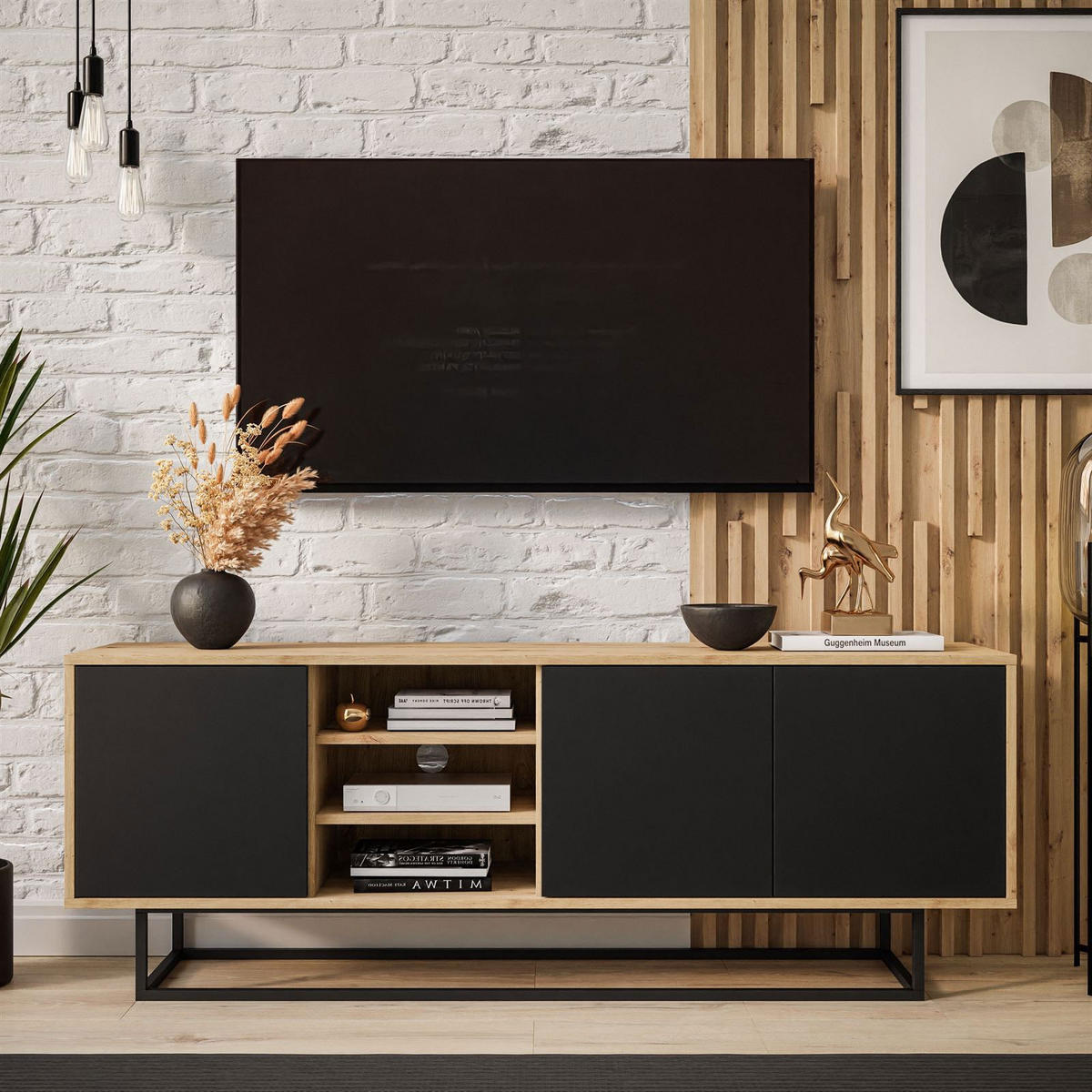 TV-ELEMENT SANAYI II mit Regalen Eiche Artisan/Schwarz - Schwarz, Holzwerkstoff (156/56/38cm) - Lookway