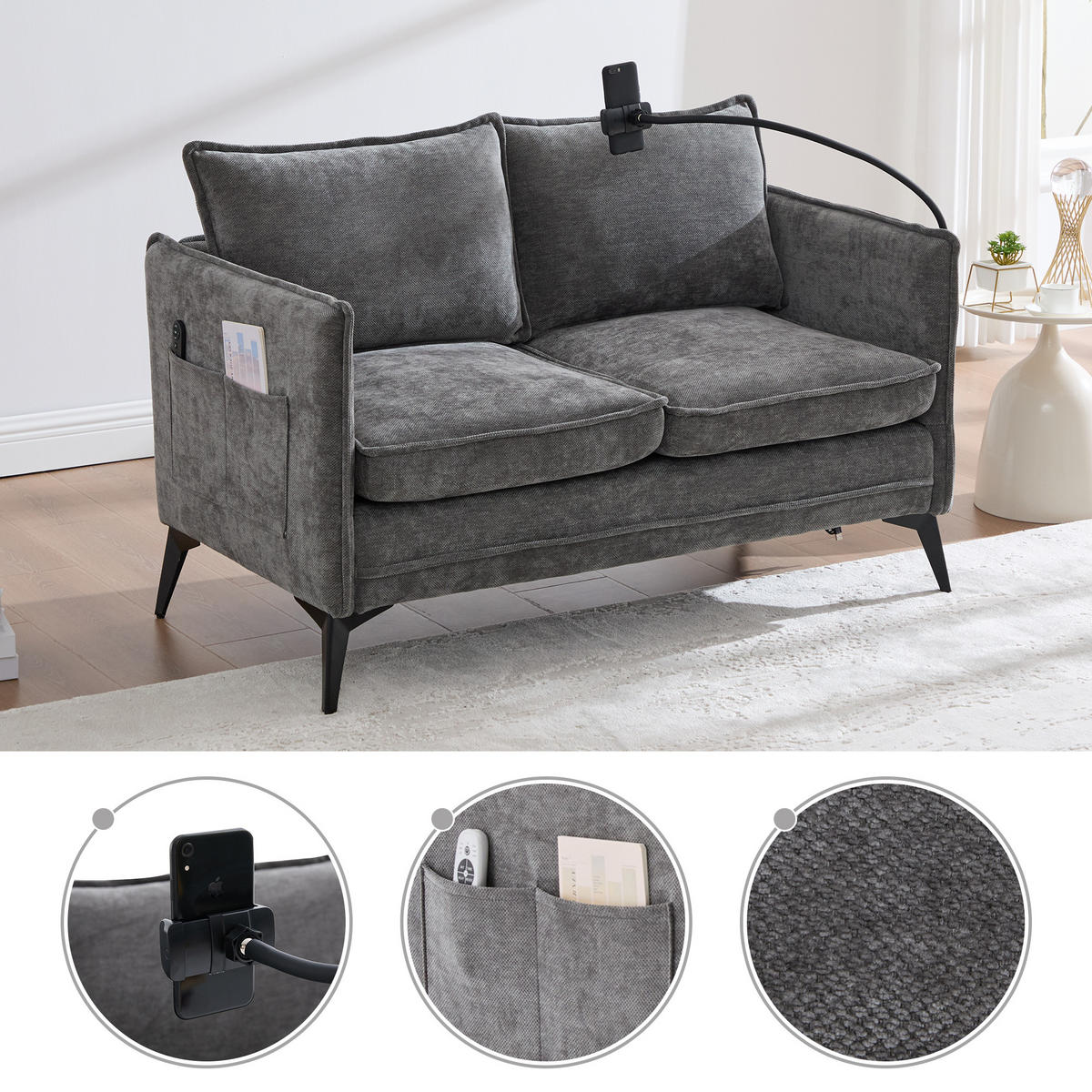 SOFA 2-Sitzer Grau Stoff mit Handy-Halterung & doppelten Ablagefächern 127/69/66 cm - Grau, Textil (127/66/69cm) - OKWISH