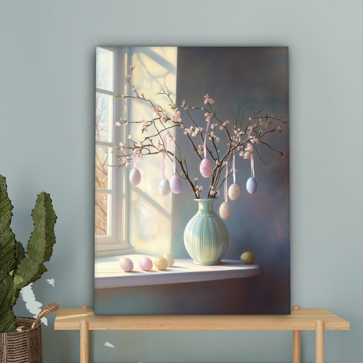 LEINWANDBILD Stillleben - Vase - Osterzweig Wandbild Wohnzimmer 60x80 cm - Hellblau, Textil (60/80cm) - MuchoWow