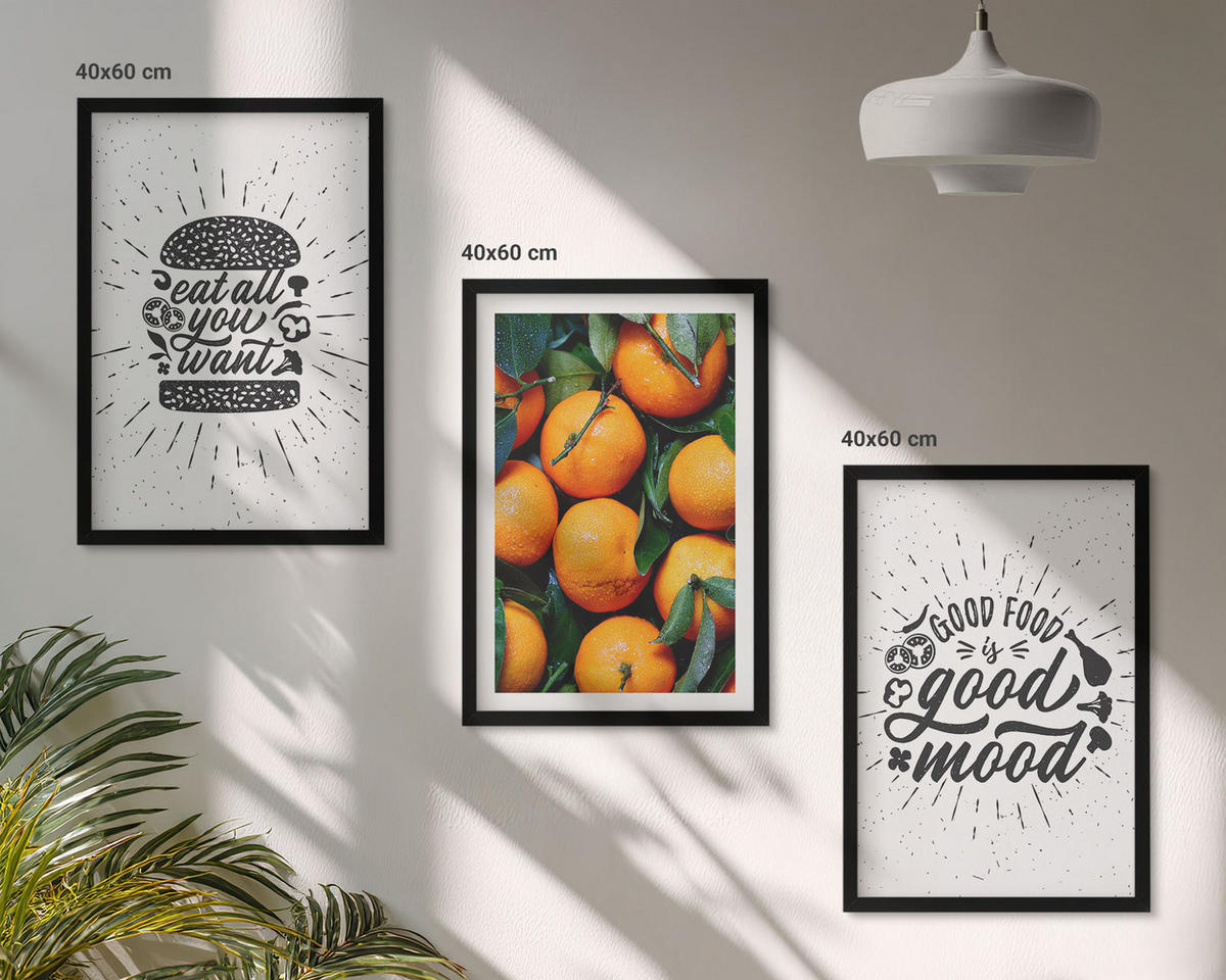 WANDBILDER 3er-Set - 40x60 cm Schwarzer Rahmen - Juicy Oranges Kitchen - Schwarz, Kunststoff (40/60cm) - ArtPrintCave