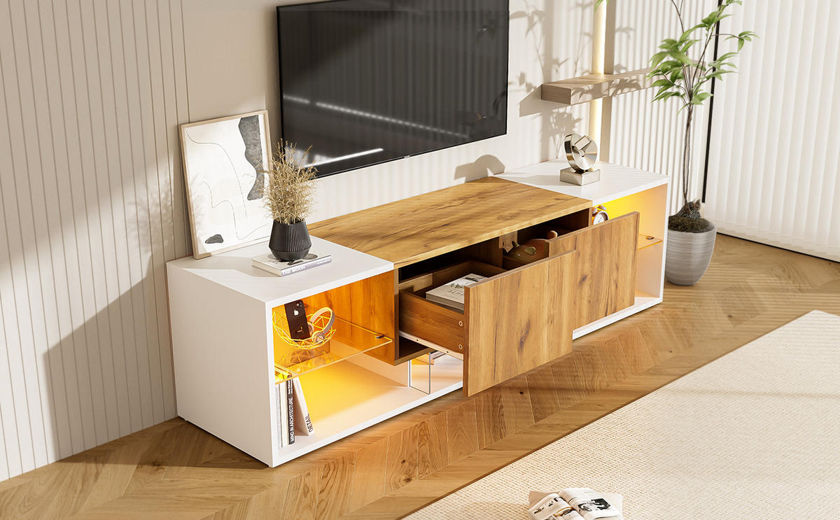 TV-SCHRANK in Weiß/Eicheoptik mit LED und 2 Schubladen 160/40/42 cm - Weiß, Holzwerkstoff (160/42/40cm) - Redom