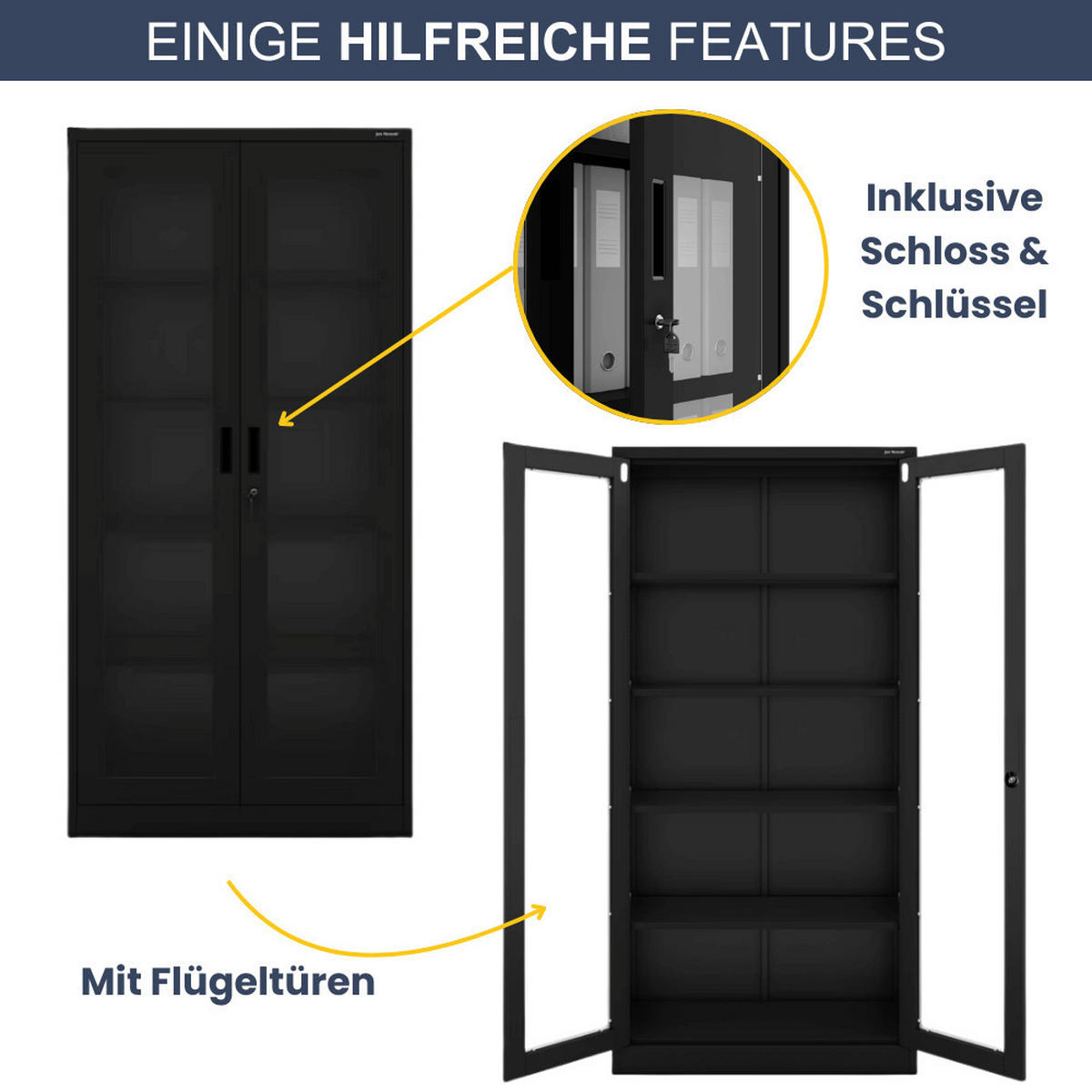 VITRINENSCHRANK abschließbar AMELIA mit Glastüren 185x90x40cm Schwarz - Schwarz, Metall (90/185/40cm) - Jan Nowak
