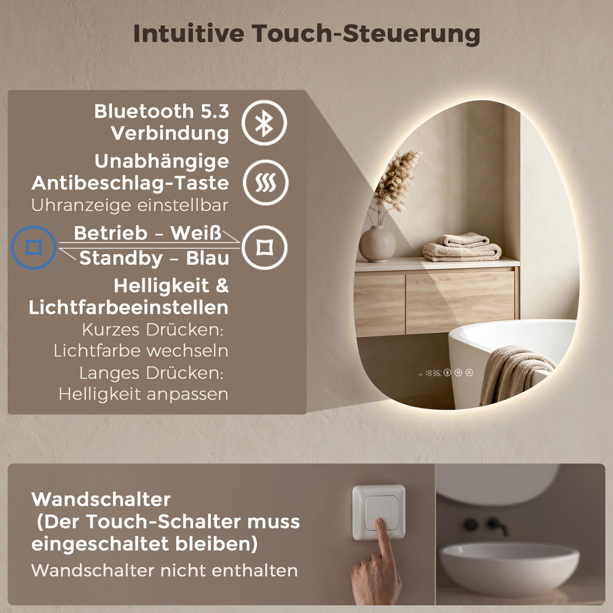 BADSPIEGEL MIT BELEUCHTUNG 85/50 cm asymmetrisch Bluetooth LED mit Antibeschlag - Transparent, Glas (85/50/3cm) - S'AFIELINA