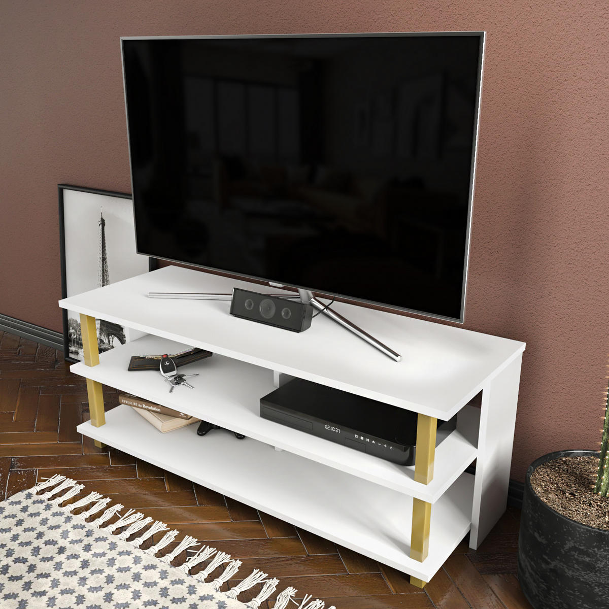 TV Board Pueblo Gold-Weiß - Goldfarben/Weiß, Holzwerkstoff (120/47/45cm) - Decorotika