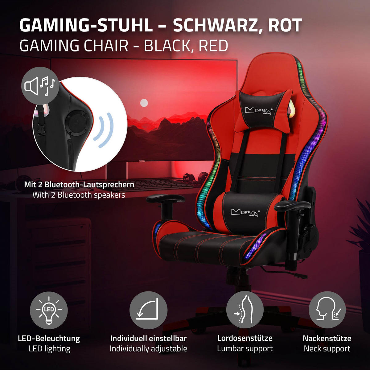 GAMINGSTUHL mit RGB Licht und Lautsprecher, Rot, aus Kunstleder - Rot/Schwarz, Kunststoff/Metall (72/133/72cm) - ML-DESIGN