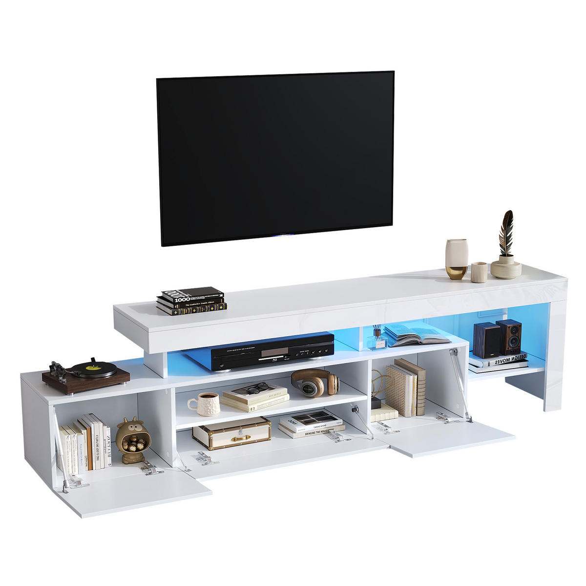 TV stolek 192/37/53 cm s LED osvětlením, vysoký lesk a úložný prostor, Bílá - bílá, kompozitní dřevo (192/53/37cm) - Redom