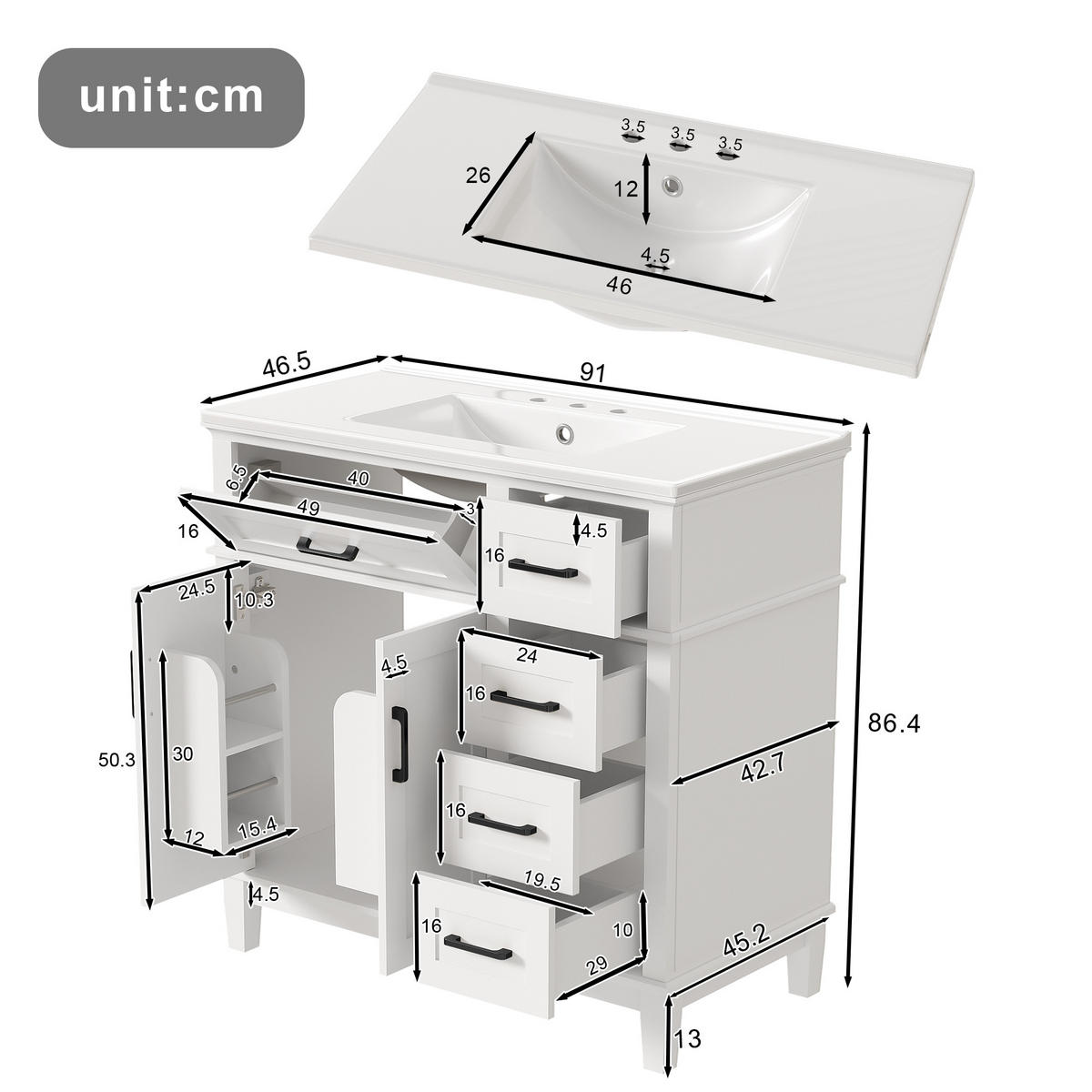 WASCHTISCHKOMBI 90x46x87 cm Weiß aus Keramik & Spanplatte mit geräuschlosen Schubladen - Weiß, Holzwerkstoff (90/87/46cm) - Modfu
