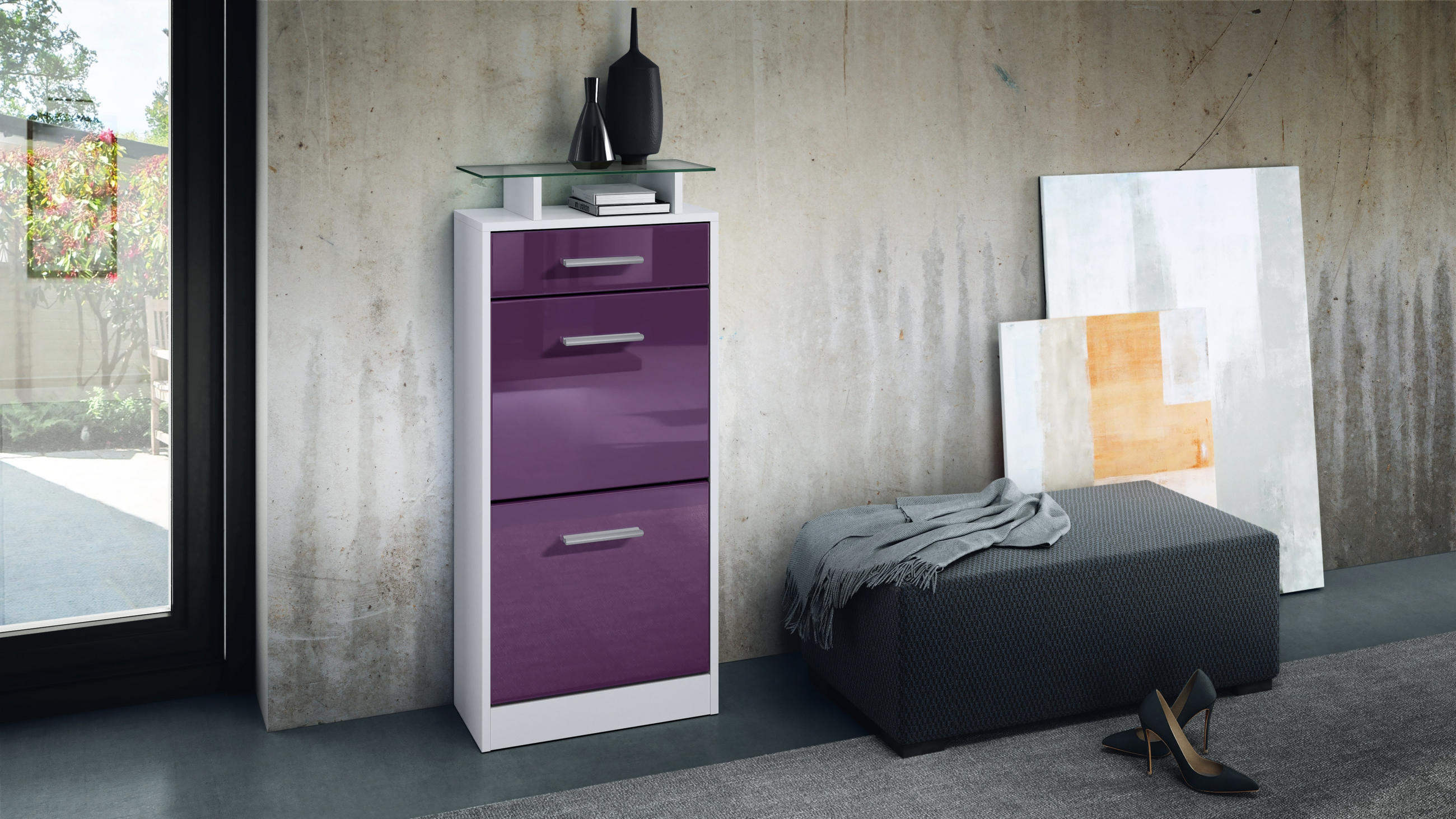 SCHUHSCHRANK Loret Front in Brombeer Hochglanz - Brombeere, Holzwerkstoff (46/104/23cm) - Vladon