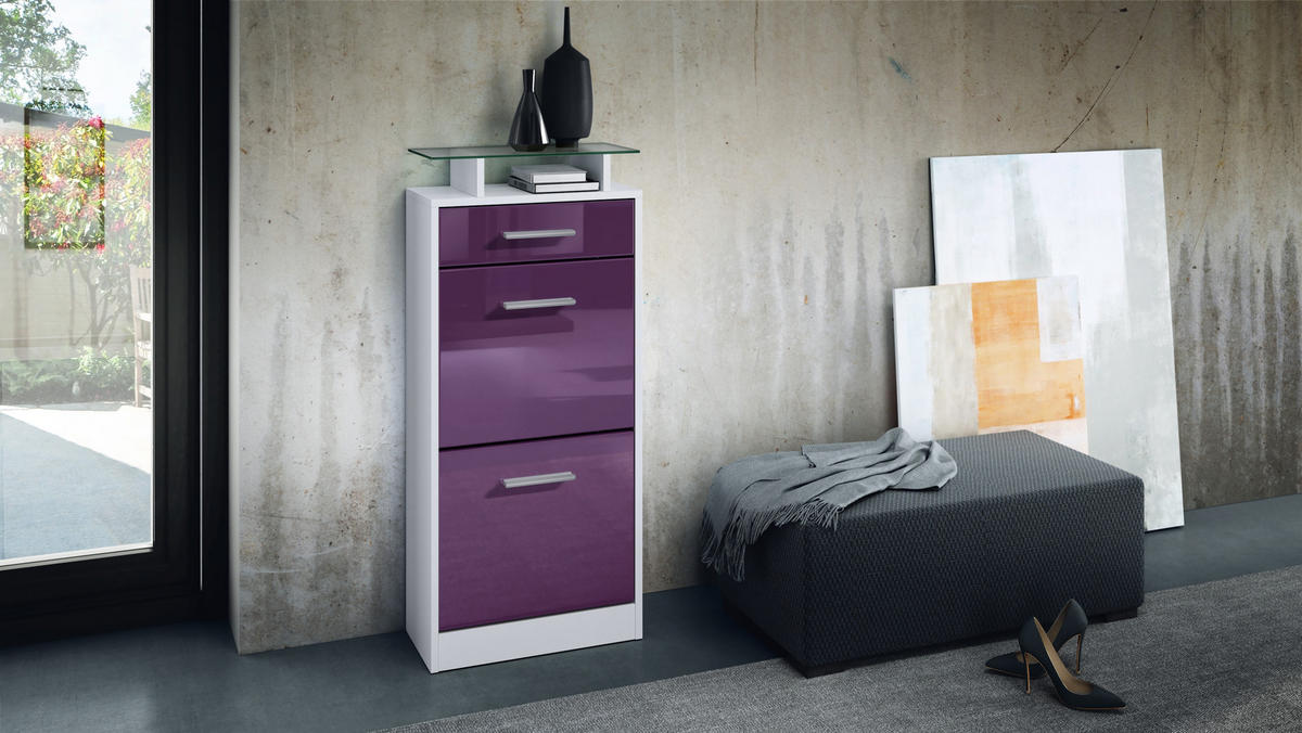 SCHUHSCHRANK Loret Front in Brombeer Hochglanz - Brombeere, Holzwerkstoff (46/104/23cm) - Vladon
