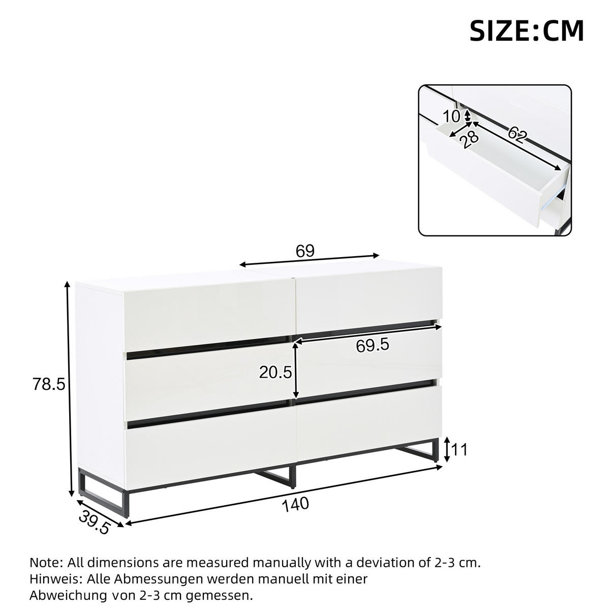 SIDEBOARD 140/39,5/78,5 cm in Weiß mit 6 Schubladen und Hochglanzfronten - Weiß, Holzwerkstoff (140/78.5/39.5cm) - Flora Grace