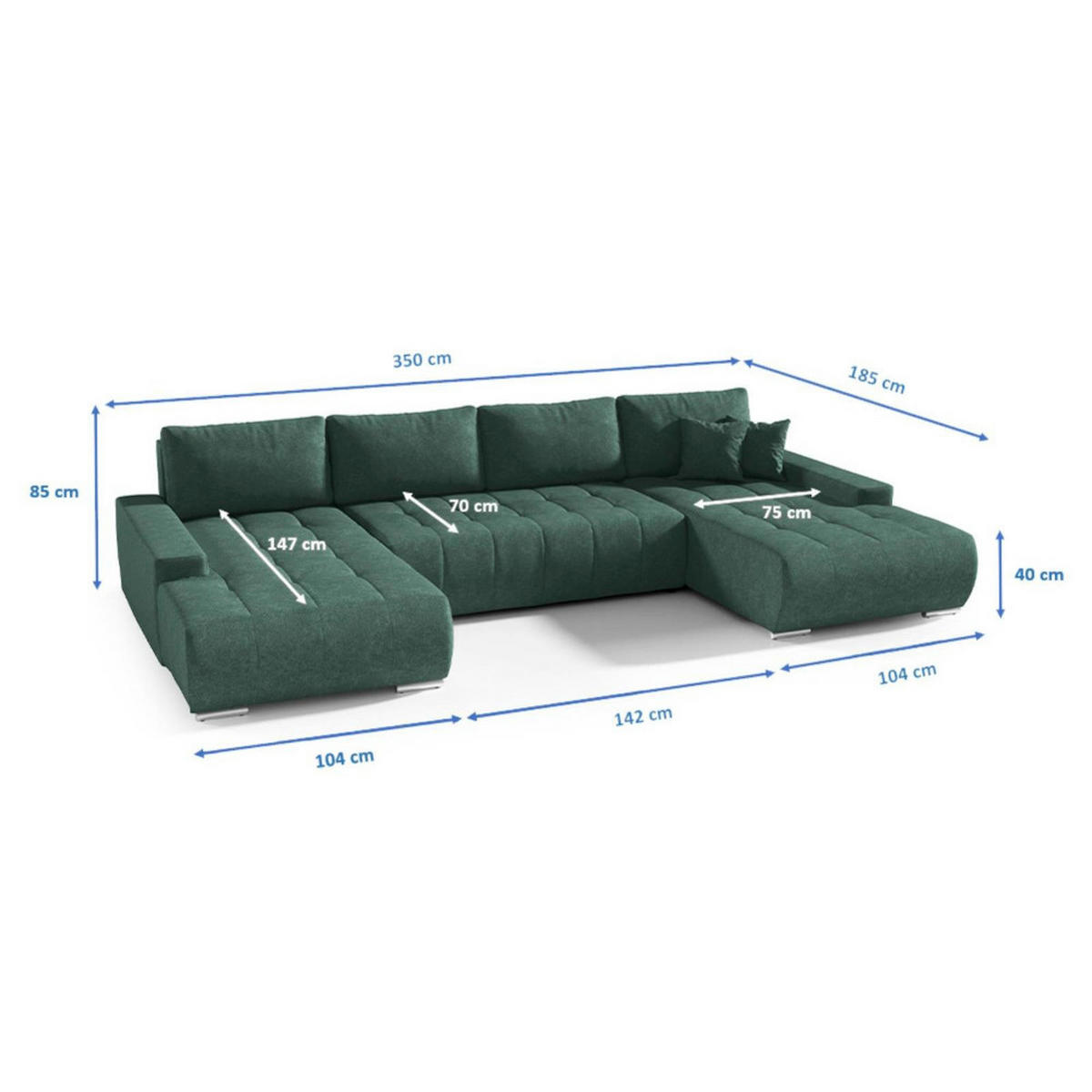 WOHNLANDSCHAFT Draco U Grün - Silberfarben/Grün, Textil/Metall (350/85/185cm) - Beautysofa