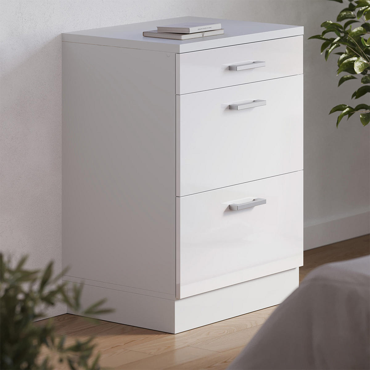 KUHINJSKA OMARA ZA POŠEVNE STREHE R-Line, Bela visok sijaj, 60 cm brez naklona z 3 predaloma - bela/visoki sijaj, leseni material (60/83.8/46cm) - Vicco