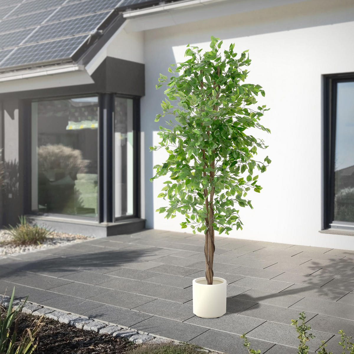 UMĚLÁ ROSTLINA Ficus 210 cm s kmenem z přírodního dřeva pro vnitřní i venkovní použití - černá/zelená barva, textil/plast (210cm) - ML-DESIGN