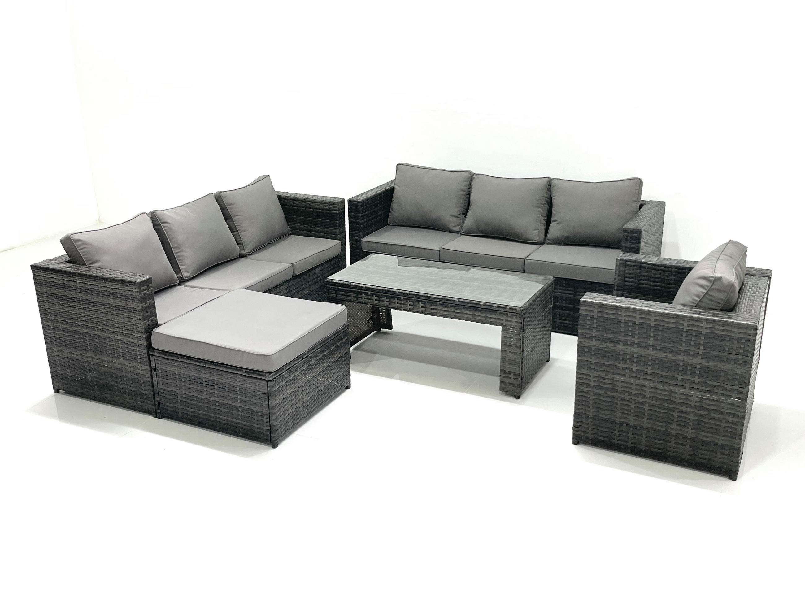 GARTENMÖBEL-SET COUCHTISCH SESSEL SOFA mit HOCKER Polyrattan Dunkelgrau Gemischt 8-Sitzer - Dunkelgrau/Grau, Glas/Kunststoff - Fimous