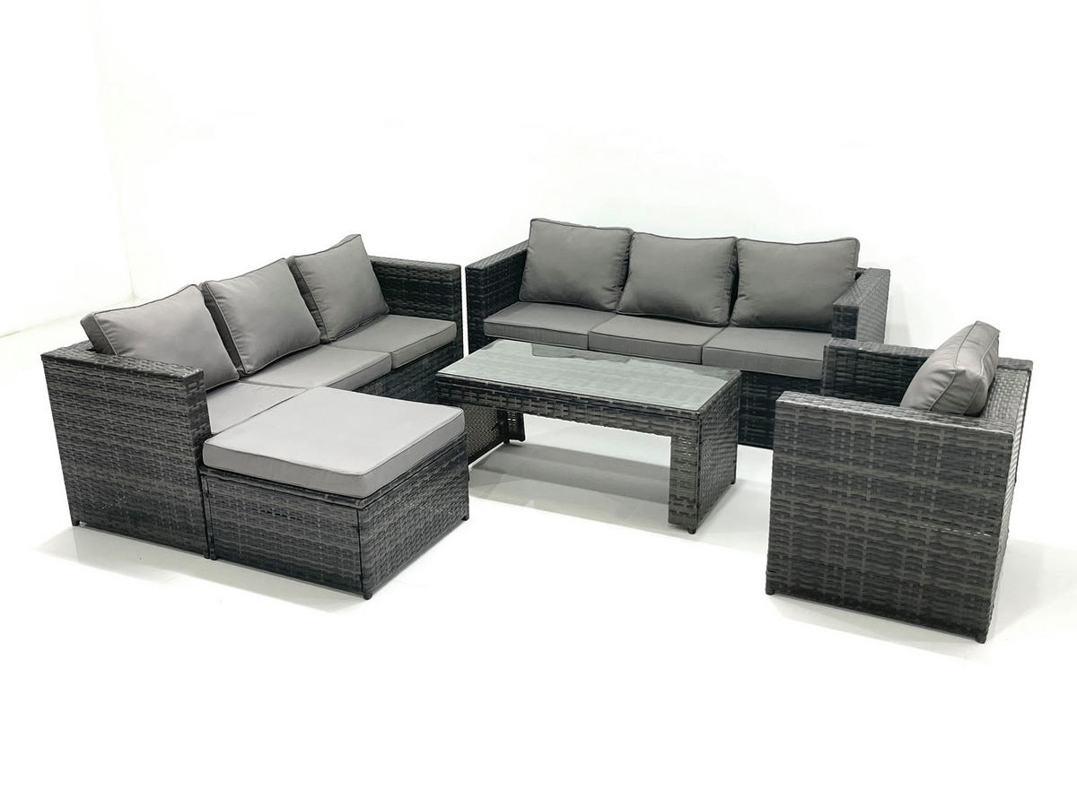 GARTENMÖBEL-SET COUCHTISCH SESSEL SOFA mit HOCKER Polyrattan Dunkelgrau Gemischt 8-Sitzer - Dunkelgrau/Grau, Glas/Kunststoff - Fimous