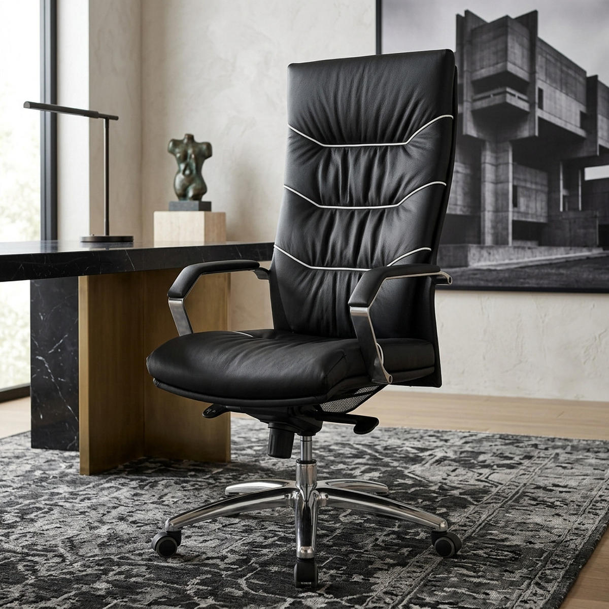 CHEFSESSEL Echtleder mit Soft-Air Polsterung und Aluminiumfußkreuz 5-Punkt-Mechanik KANZAS - Silberfarben/Schwarz, Leder (60/126/55cm) - KADIMA DESIGN