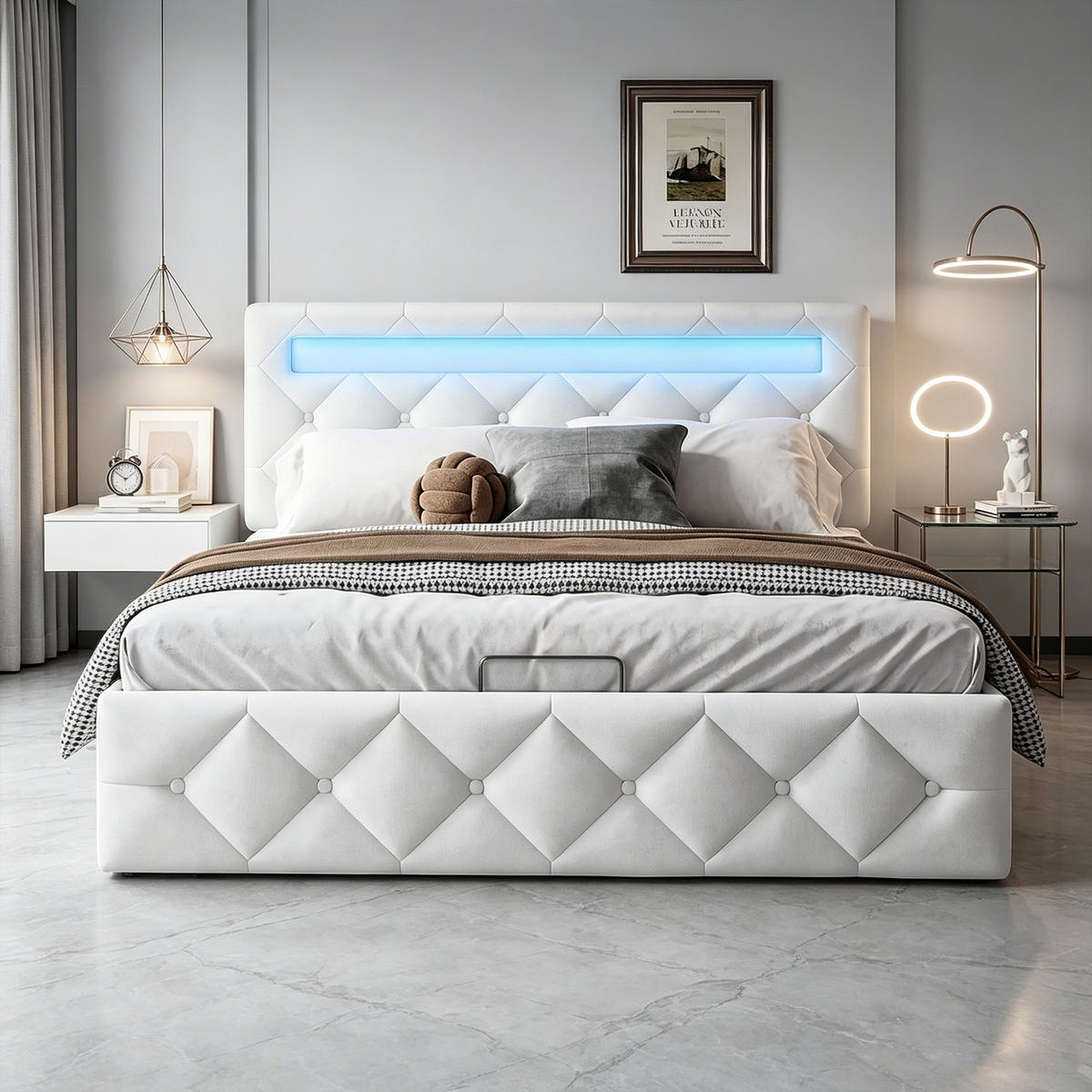 POLSTERBETT 140x200, Stauraumbett mit Bettkasten und Lattenrost, LED, Samt, beige - Beige, Holzwerkstoff/Textil (140/200cm) - GENKI LIVING