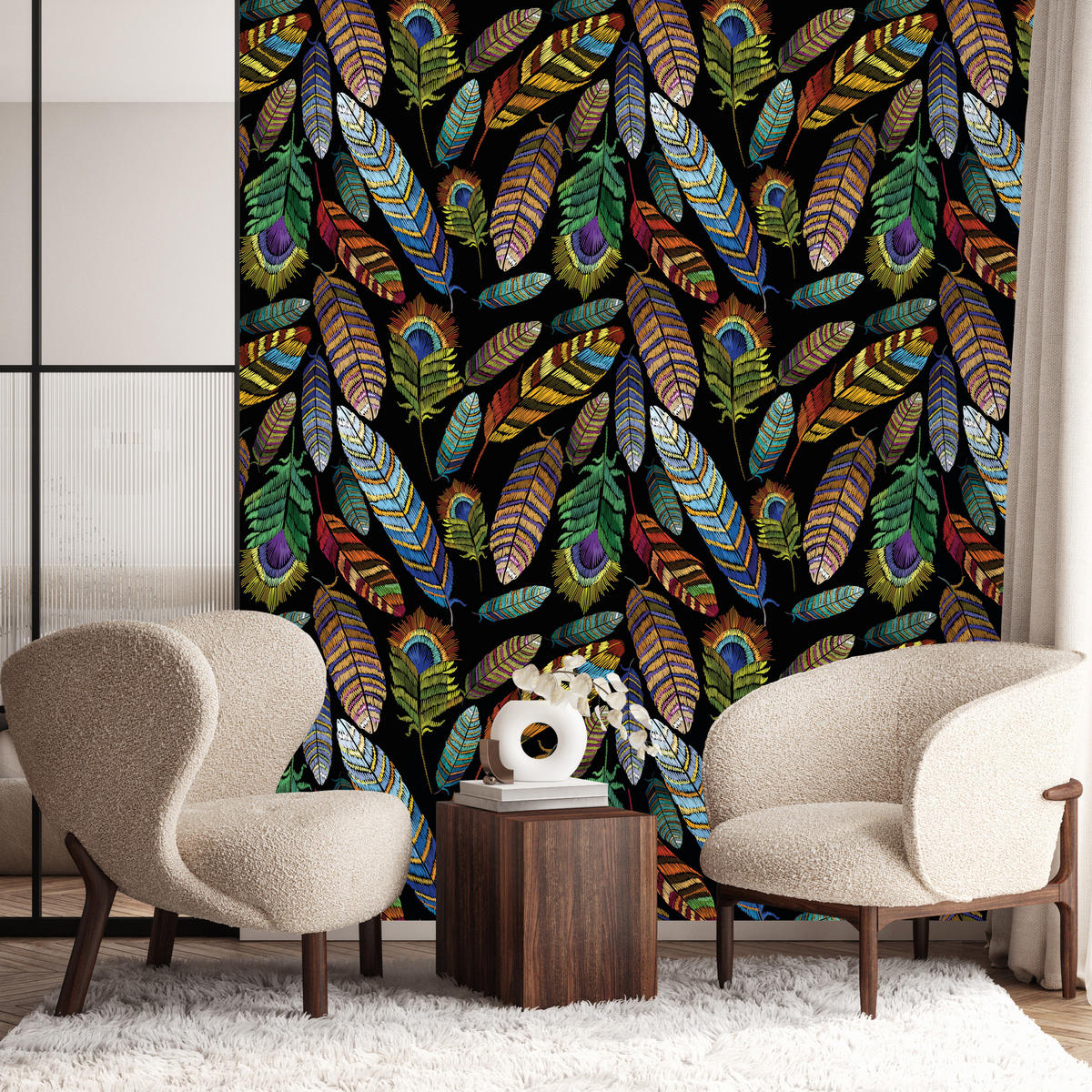 VLIESTAPETE Tropische Federn – Bunt, Schwarz – 50x1000 cm - Multicolor/Schwarz, Papier (50/1000cm) - Muralo
