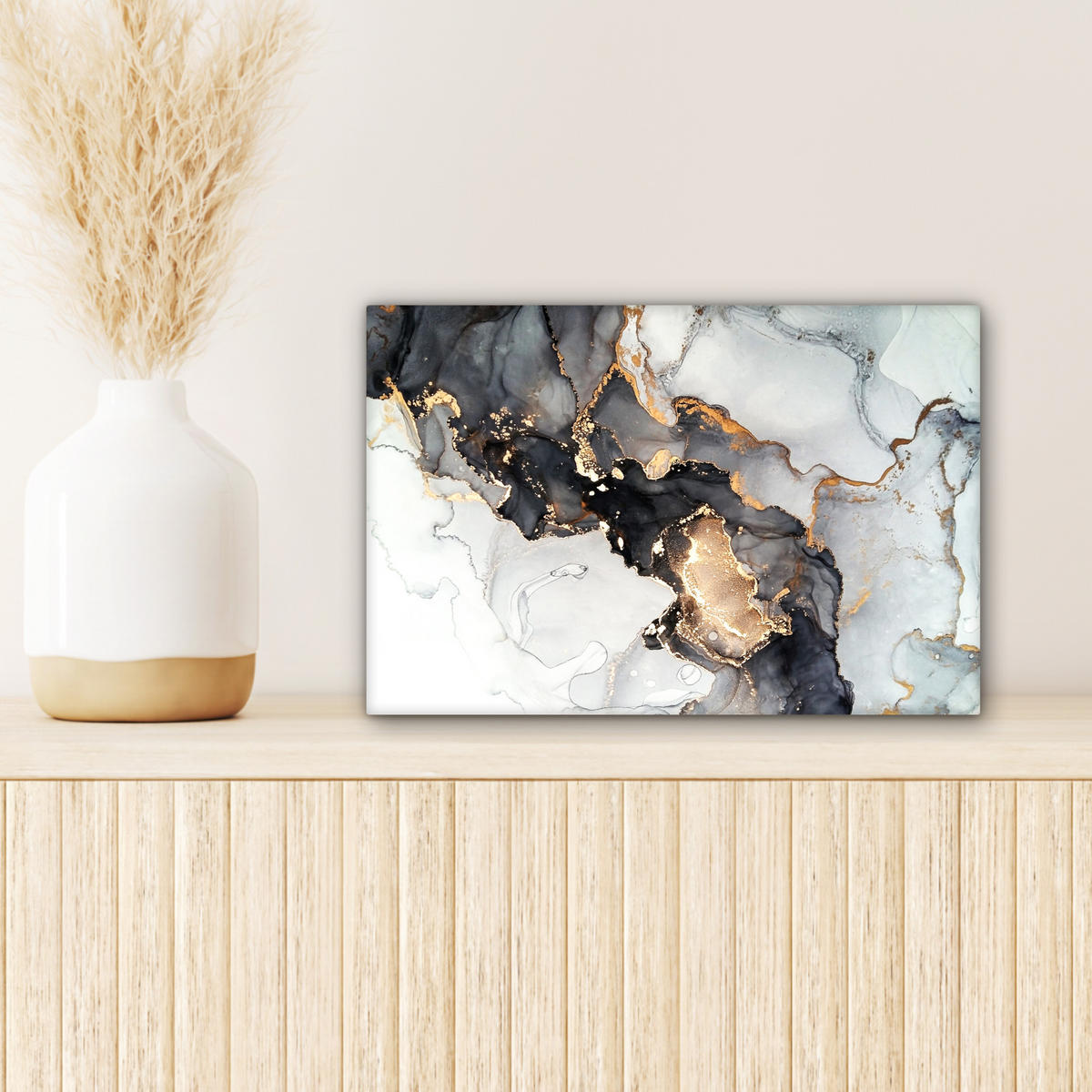 LEINWANDBILD Marmor - Schwarz - Weiß - Gold - Luxus - Abstrakt 30x20 cm - Goldfarben, Textil (30/20cm) - MuchoWow