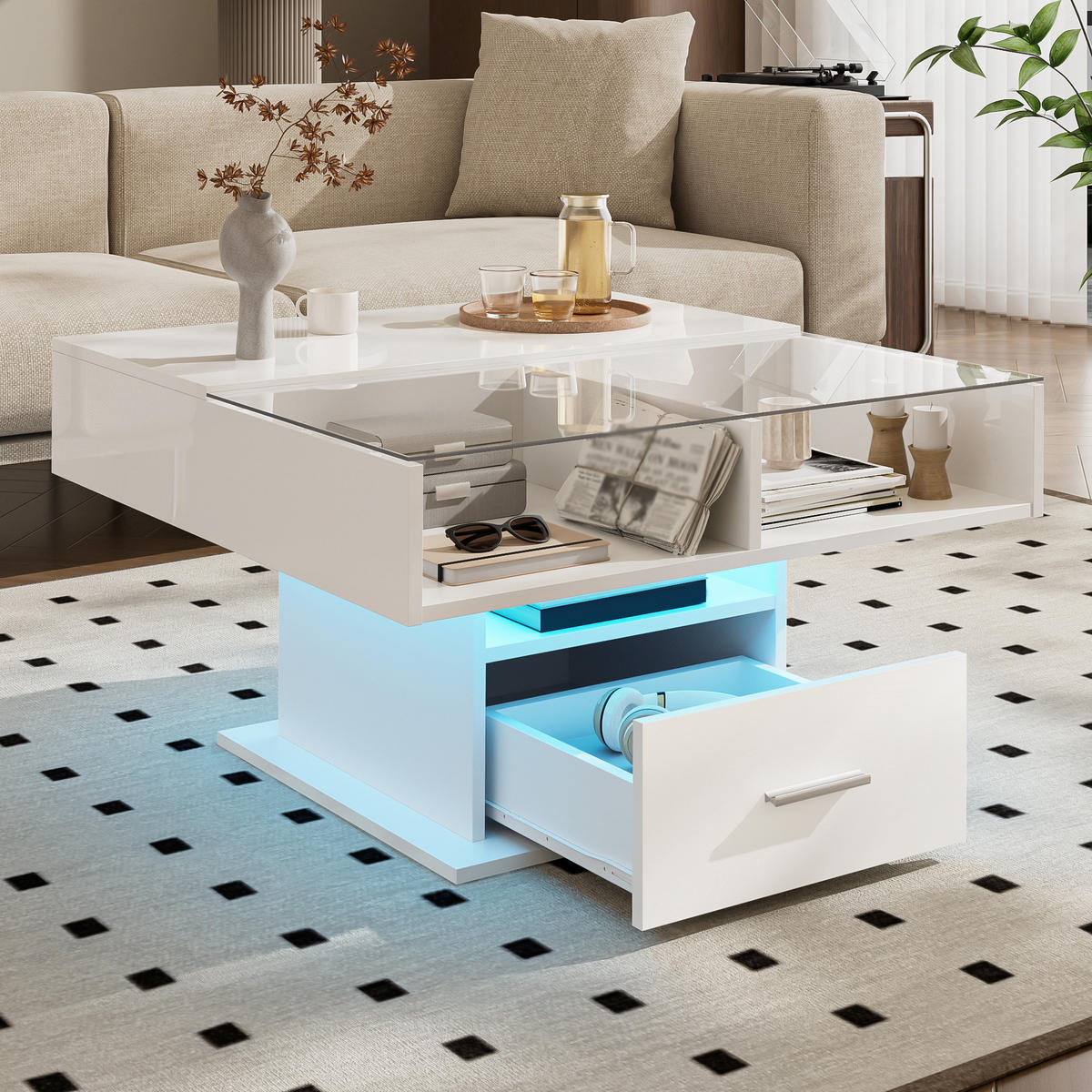 COUCHTISCH mit LED-Beleuchtung Lift-Funktion und Stauraum Hochglanz - Weiß, Glas/Holzwerkstoff (78/78/45.5cm) - EVRYAE