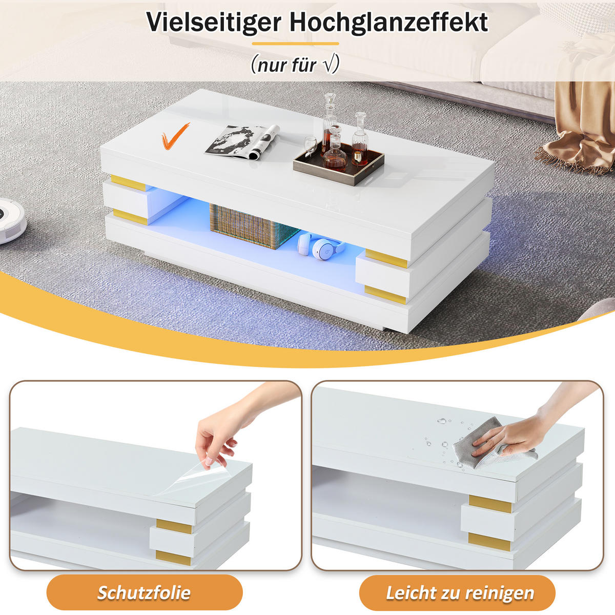 COUCHTISCH LED Weiß 100x50x35cm Stauraum Hochglanz Spanplatte - Weiß, Holzwerkstoff (100/50/35cm) - FLIEKS