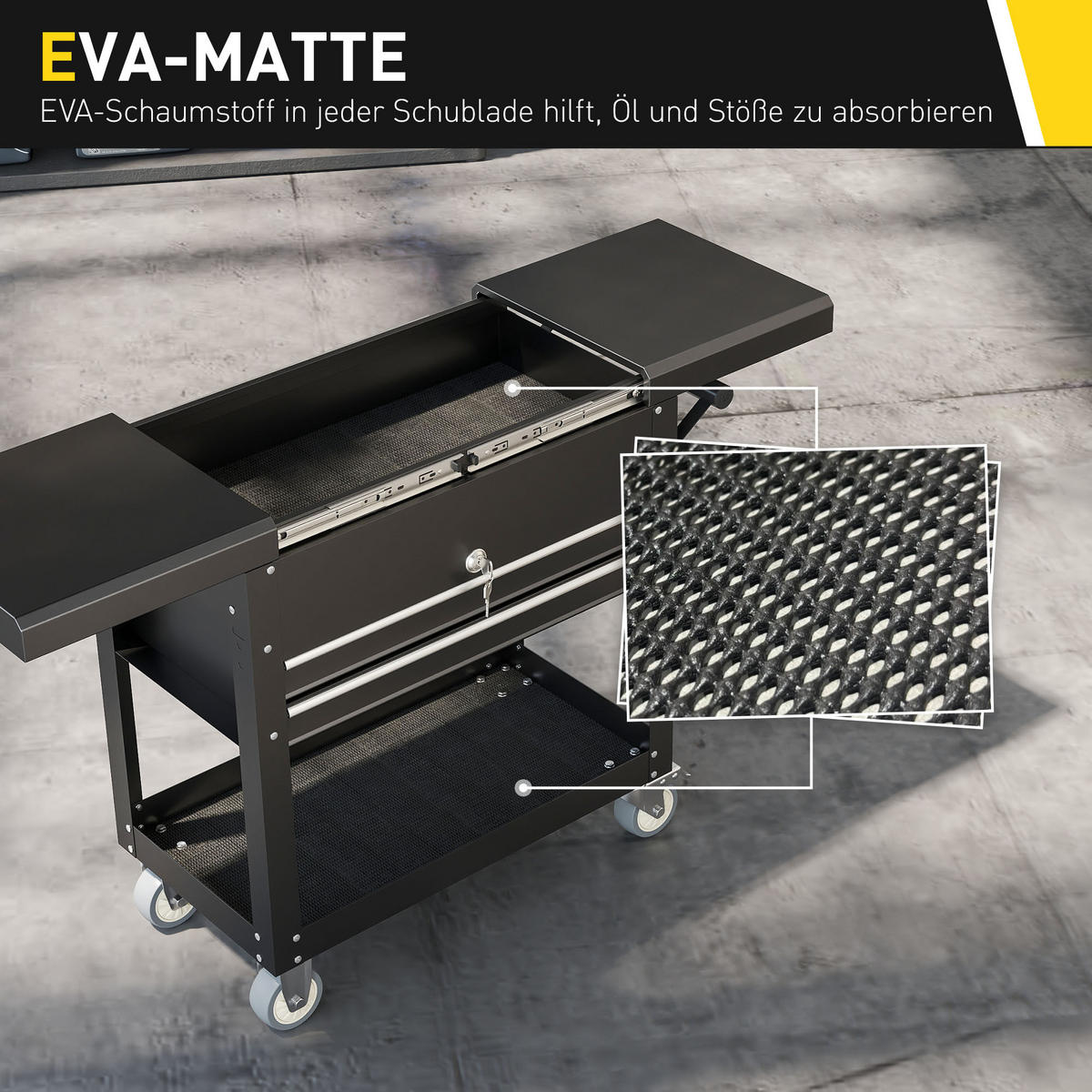 WERKSTATTWAGEN abschließbar mit 2 Schubladen, Schiebedeckel, Ablage Schwarz - Schwarz, Metall (38/80/130cm) - HOMCOM