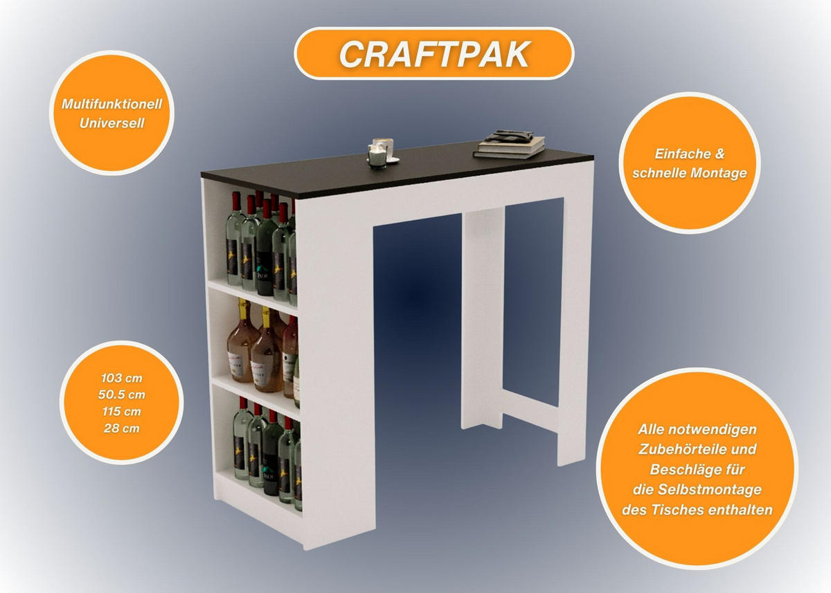 BARTISCH Schwarz 103/50.5/115cm - Schwarz/Weiß, Holzwerkstoff (115/103/50.5cm) - CraftPAK