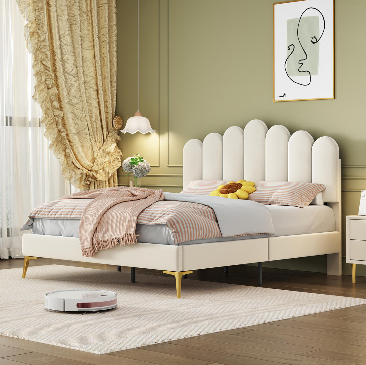 POLSTERBETT 140/200 cm beige aus MDF mit höhenverstellbarem Kopfteil - Beige, Holzwerkstoff (140/200cm) - OKWISH