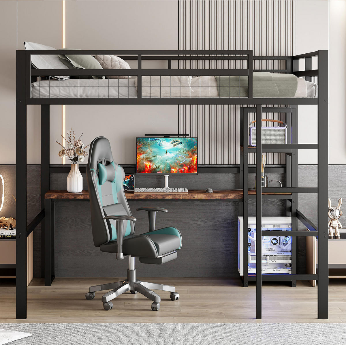 HOCHBETT 140/200 cm aus Metall mit Schreibtisch, Regalen und USB- und Type-C-Anschlüssen - Schwarz, Metall (140/200cm) - Flora Grace