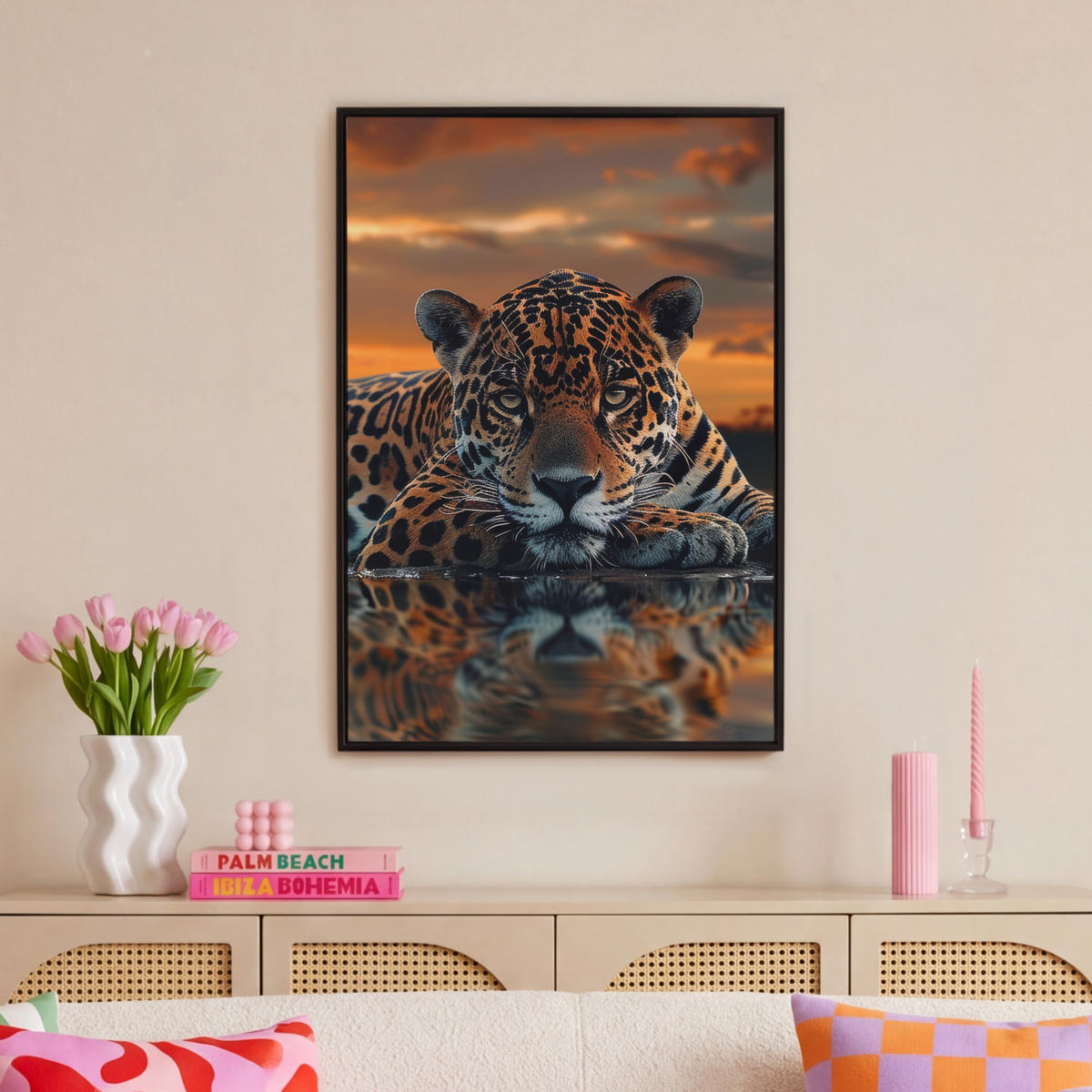 LEINWAND Bilder mit Rahmen - Natur - Leopard - Tier - Sonnenuntergang - Modern - 60x90 - Orange, Textil (60/90cm) - MuchoWow