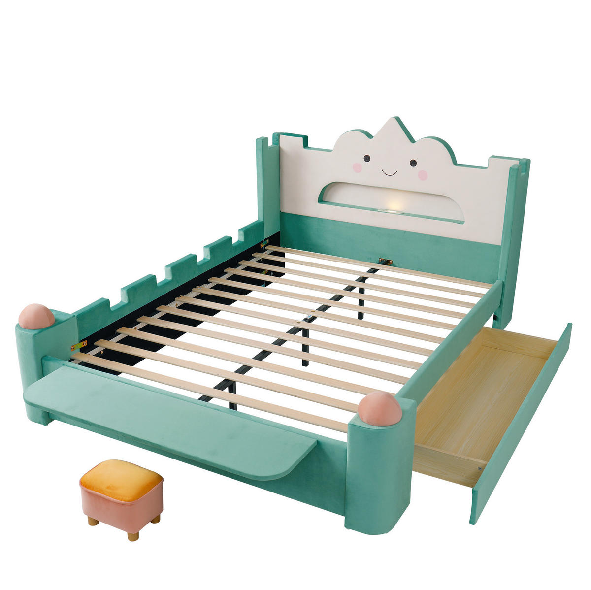 KINDERPOLSTERBETT 140x200 cm in Blaugrün mit Leselampe, USB-Anschluss und Schublade - Blau, Textil (140/200cm) - IVMEU