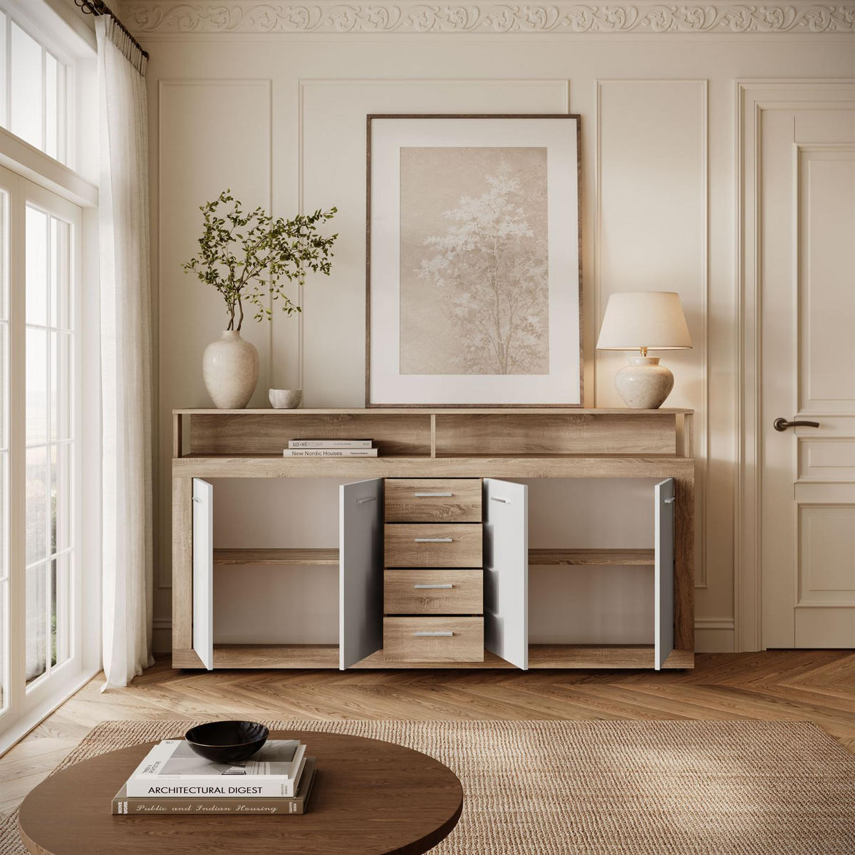 KOMMODE ROMANO mit Schubladen - Eichefarben/Weiß, Holzwerkstoff (190/96/32cm) - Lookway