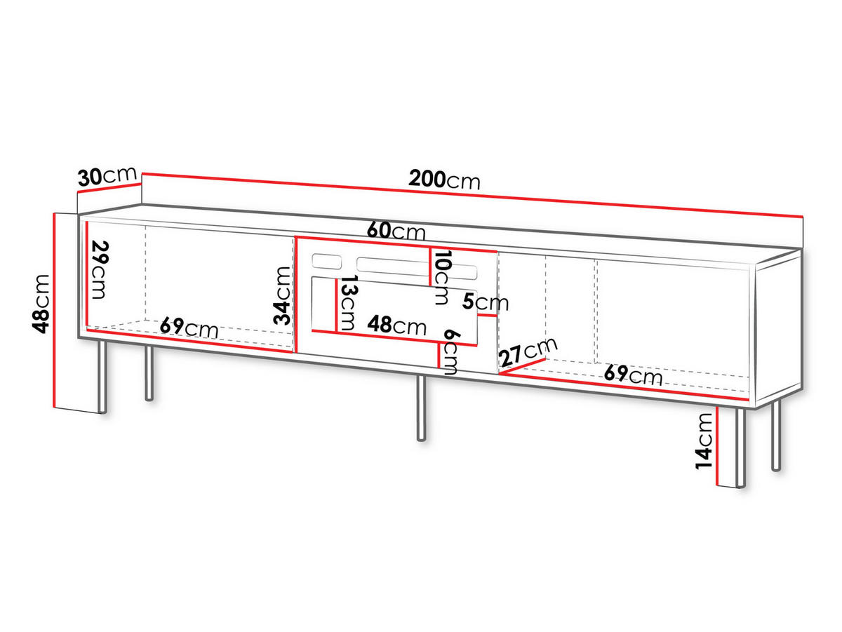 TV-LOWBOARD Masha 200 EF mit Kamin - Kaschmir/Schwarz, Holzwerkstoff/Metall (200/48/30cm) - MIRJAN24