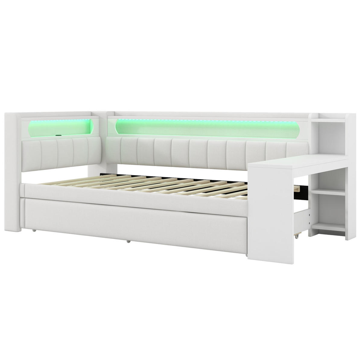 POLSTERBETT 90/200 cm mit LED-Beleuchtung, USB und Ausziehbett in Weiß - Weiß, Holzwerkstoff (90/200cm) - BEAOK