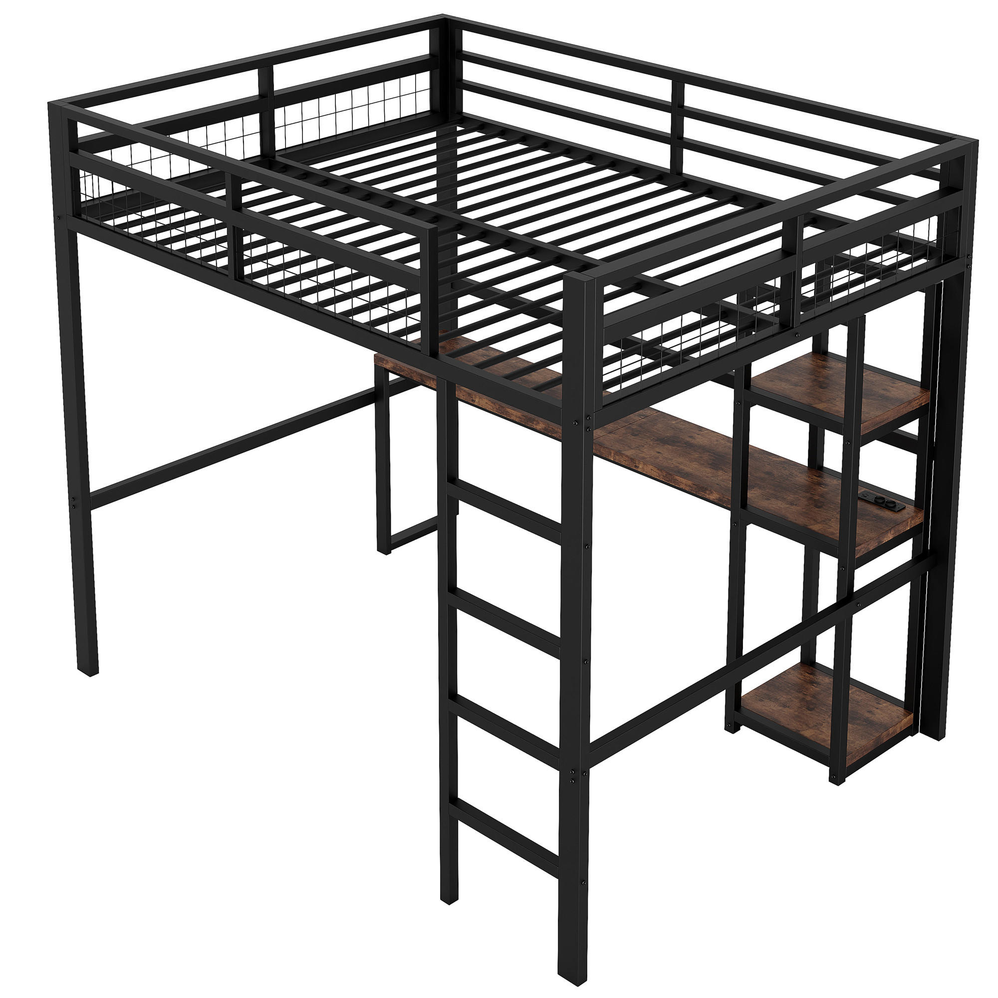 HOCHBETT 140/200 cm DE-04469, mit Schreibtisch und mehreren Regalen in Schwarz - Schwarz, Metall (140/200cm) - ComfortXL