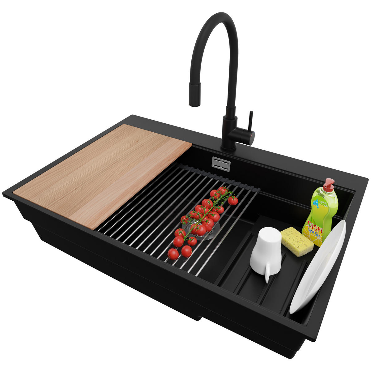 GRANITSPÜLE Oslo Max, 2-er set Schwarz 78/53 cm 1 Becken + Küchenarmatur 40/38 cm + Ablauf-Set + Küchenzubehörset ab 80er Unterschrank - Chromfarben/Beige, Kunststoff (78/20/53cm) - Primagran