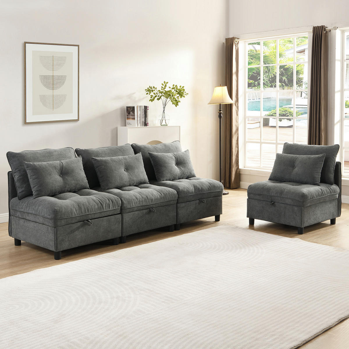 SOFA Modulares 4-Sitzer mit Schlaffunktion und Stauraum Chenille Bezug Antique Gray 360/95/80 cm - Dunkelgrau, Kunststoff (274/87/76cm) - OKWISH