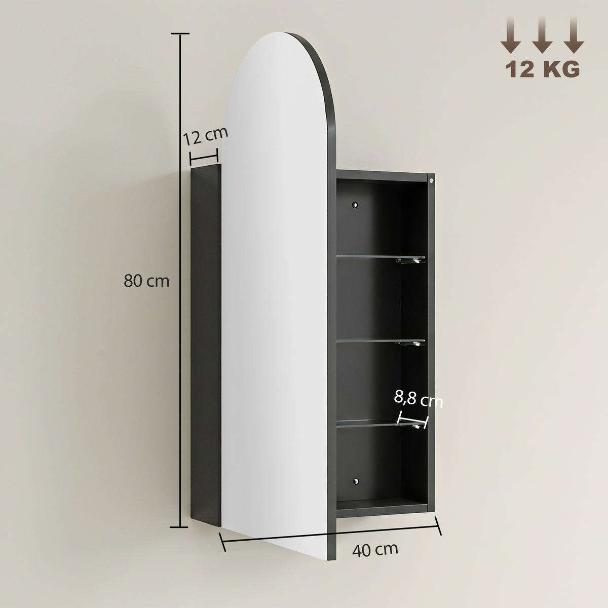 HÄNGENDER Badschrank mit Regalen - Schwarz, Glas/Holzwerkstoff (12/80/40cm) - HOMCOM