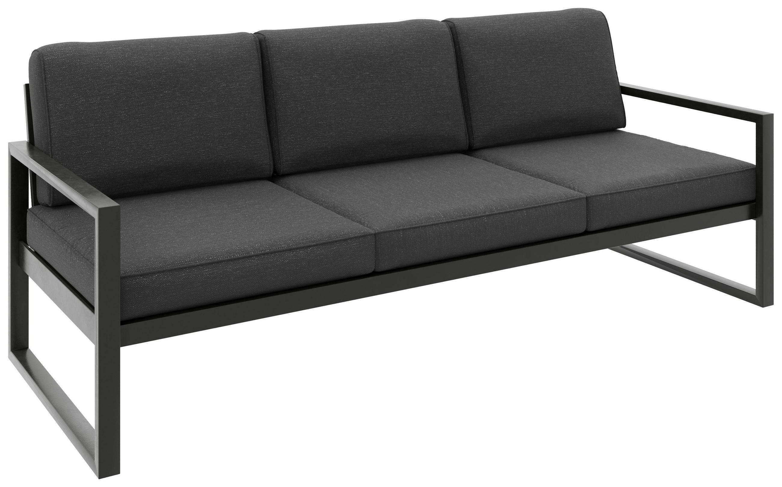 GARTENBANK Bellano Outdoor 3-Sitzer Polster-Loungebank, Stahlgestell Schwarz, Dunkelgrau 76/216/80 cm - Grau, Textil (216/86/80cm) - WFL GROUP