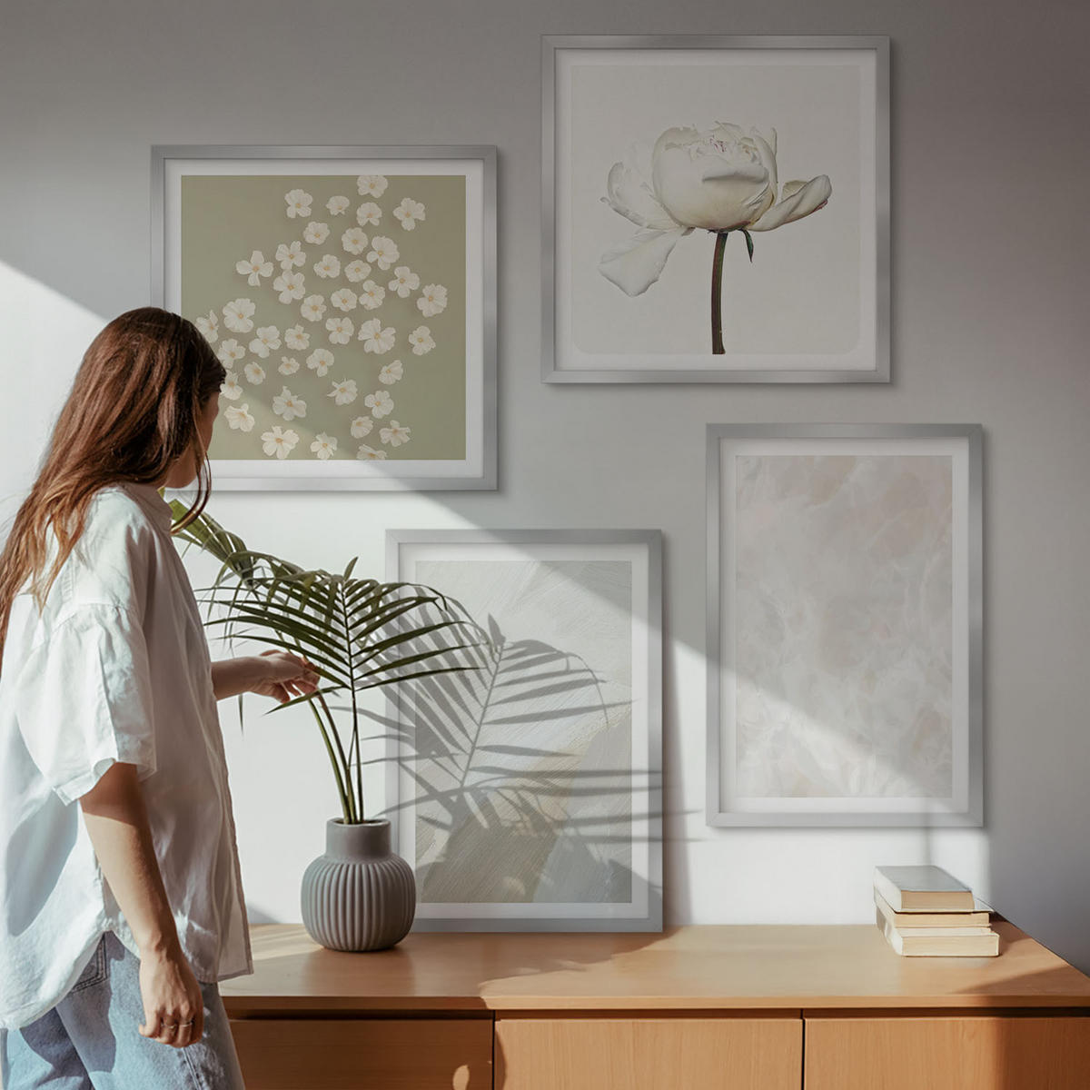 WANDBILDER 4er Set - 50x50 cm & 40x60 cm Silberner Rahmen - Blumen, modische Boho-Texturen - Silberfarben, Kunststoff (50/50cm) - ArtPrintCave