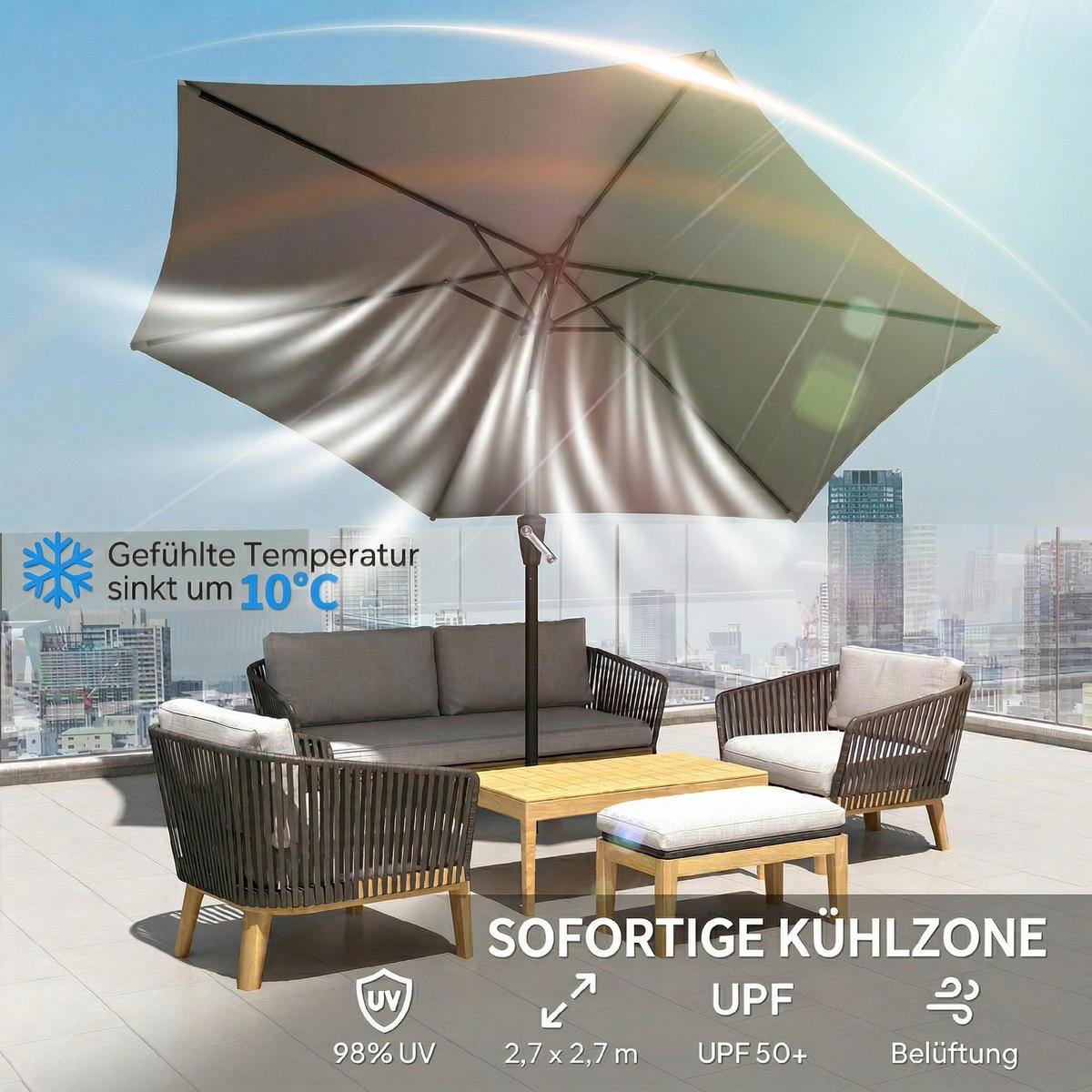 SONNENSCHIRM DE-05649 Knickbar mit Kurbel, UV 50+ Dunkelgrau - Dunkelgrau, Textil/Metall (270/270cm) - ComfortXL