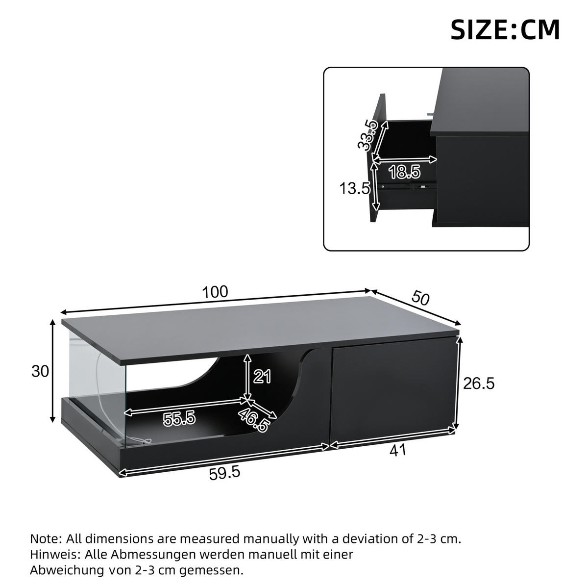 COUCHTISCH 100/50/30 cm Schwarz aus MDF und Glas mit LED und 2 Schubladen - Schwarz, Holzwerkstoff (100/50/30cm) - OKMYHOME