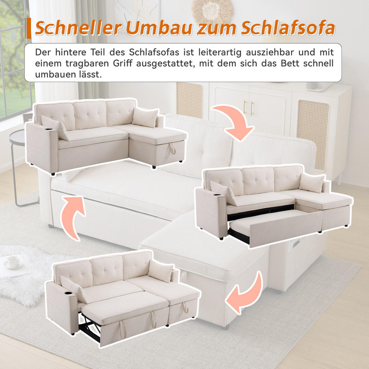 ECKSOFA L-Form Bettfunktion Stauraum Getränkehalter wechselseitig Beige - Beige, Holz (74/44/62cm) - FLIEKS