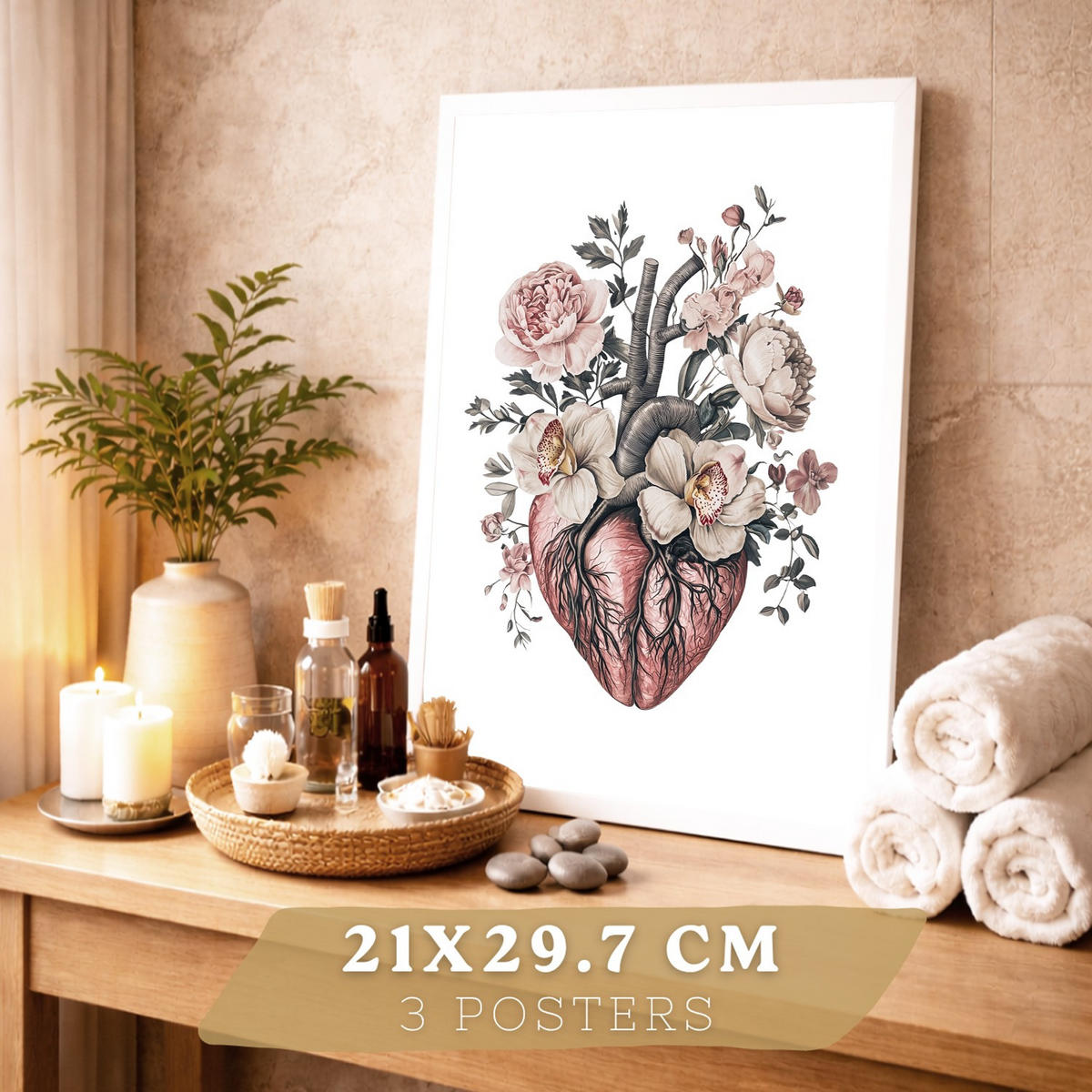 POSTER Set aus 3 Anatomie Florale Vintage Drucke und Wandbilder mit Herz Brustkorb und Lungen Detaillierter Illustrationsstil Größe Weißer Rahmen A4 - Weiß, Papier (21/29.7/3cm) - Nacnic