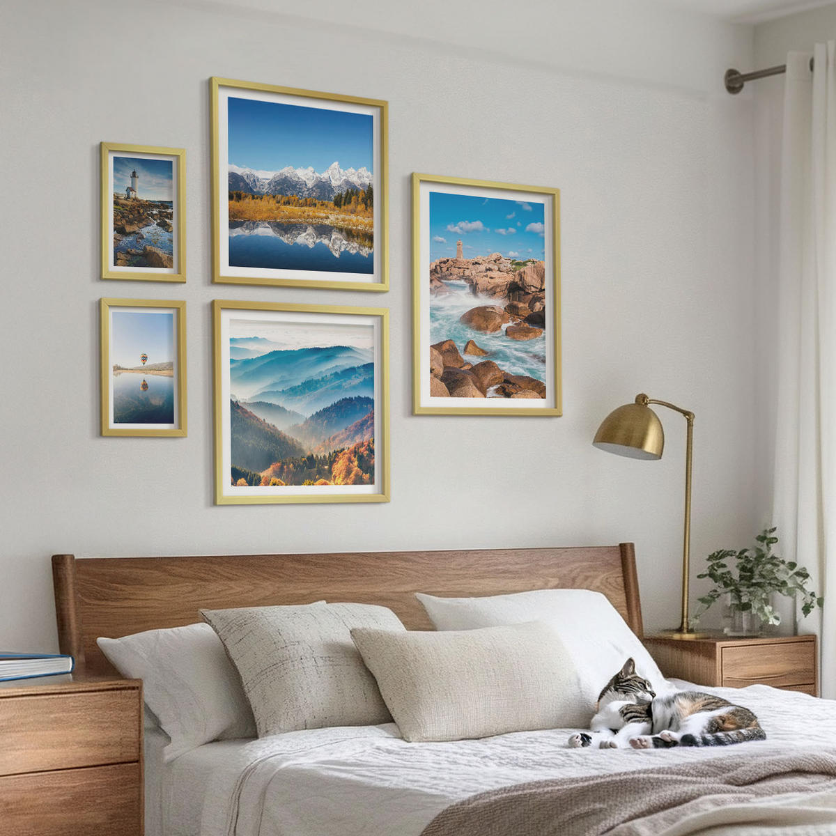 WANDBILDER 5er Set - 50x50 cm & 20x30 cm & 40x60 cm Goldrahmen - Ausblicke auf die Natur, Leuchtturm, Berge - Goldfarben, Kunststoff (40/60cm) - ArtPrintCave