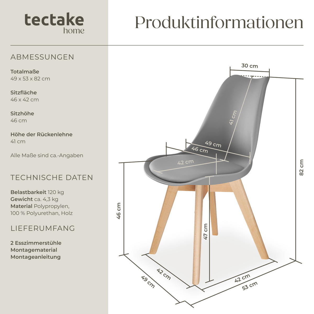 ESSZIMMERSTUHL 6er Set Frederikke,49 x 56 x 82,5 cm,grau - Grau, Textil (49/82/53cm) - tectake