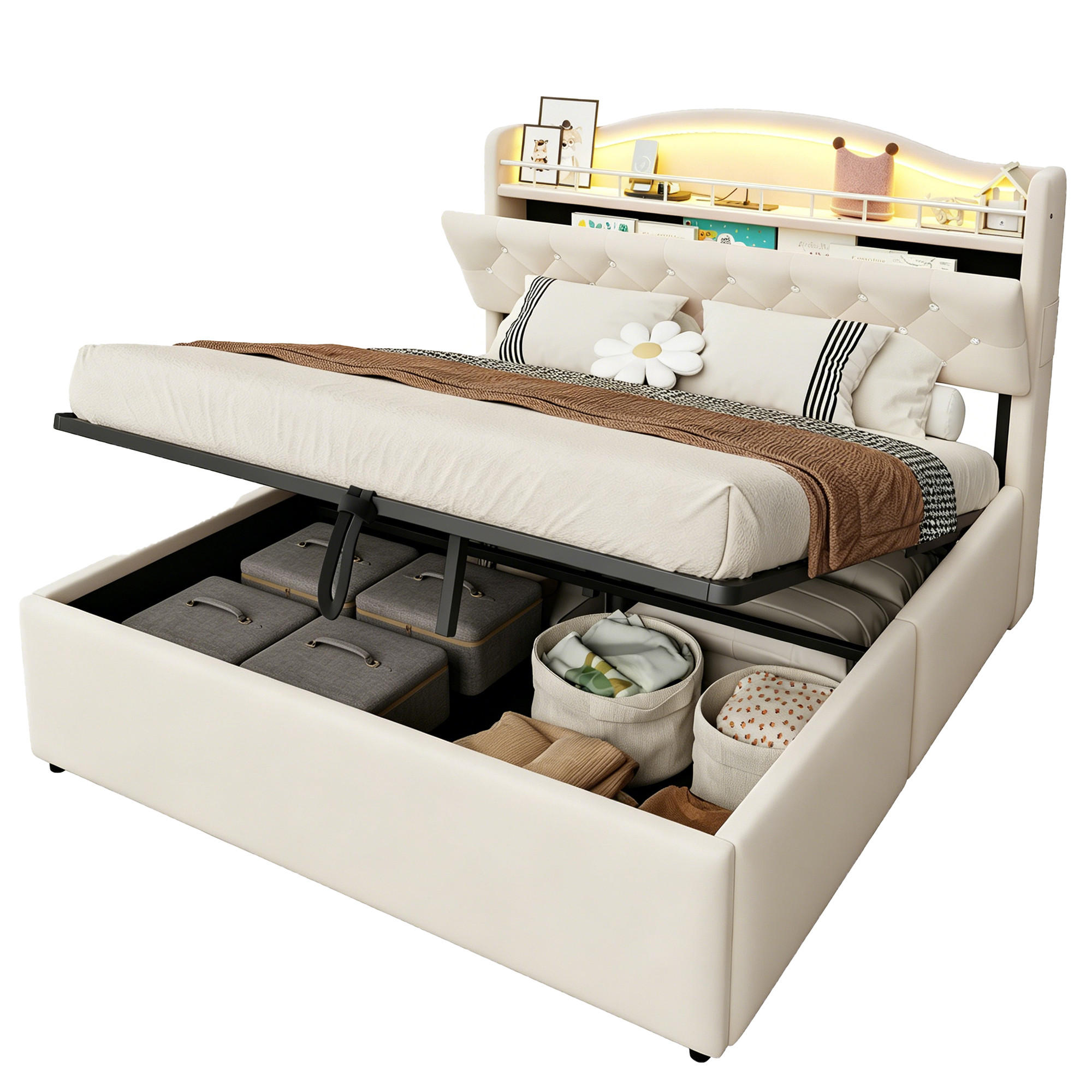 POLSTERBETT 140x200cm Samt LED Kopfteil Stauraum USB Beige - Beige, Metall (140/200cm) - FLIEKS