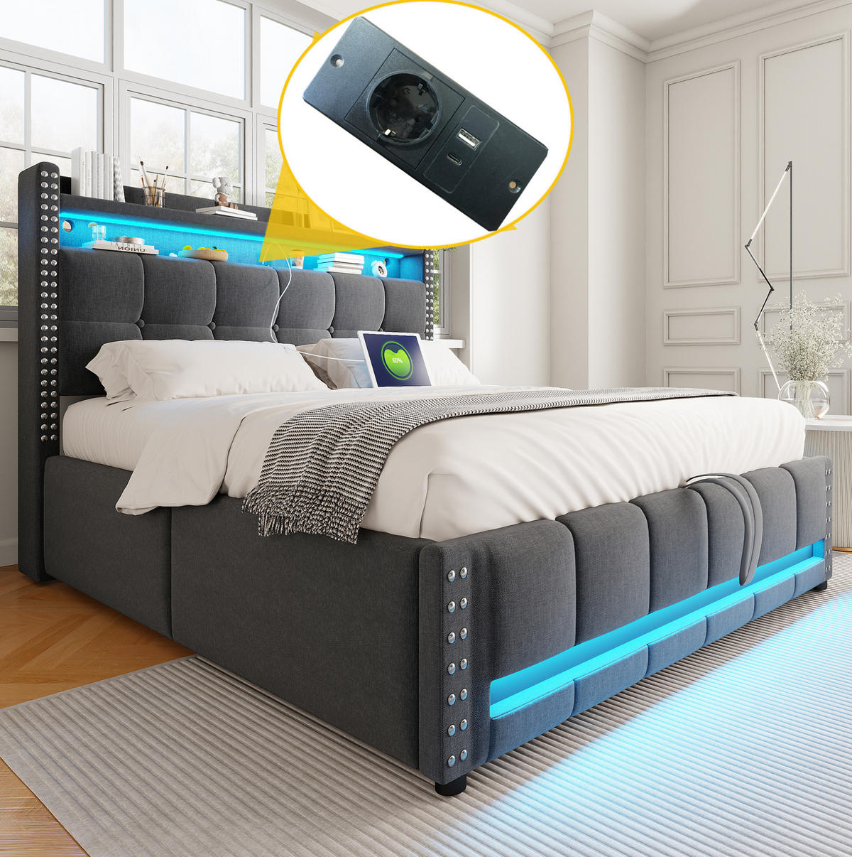 POLSTERBETT 160/200 cm mit Bettkasten, LED-Beleuchtung und USB in Grau - Grau, Textil (160/200cm) - BEAOK