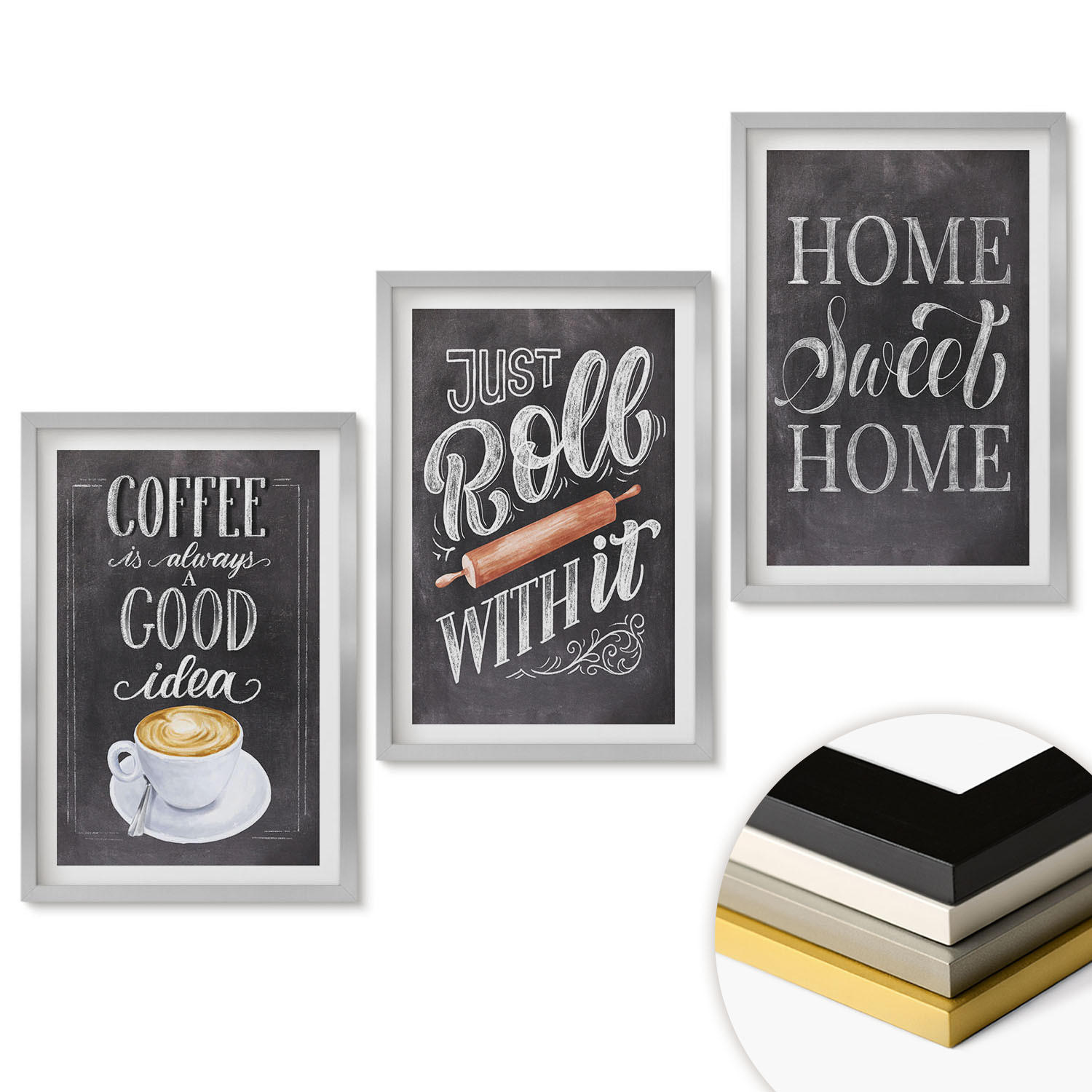WANDBILDER 3er Set - 40x60 cm Silberner Rahmen - Kaffeeroller, heimelige Wärme - Silberfarben, Kunststoff (40/60cm) - ArtPrintCave
