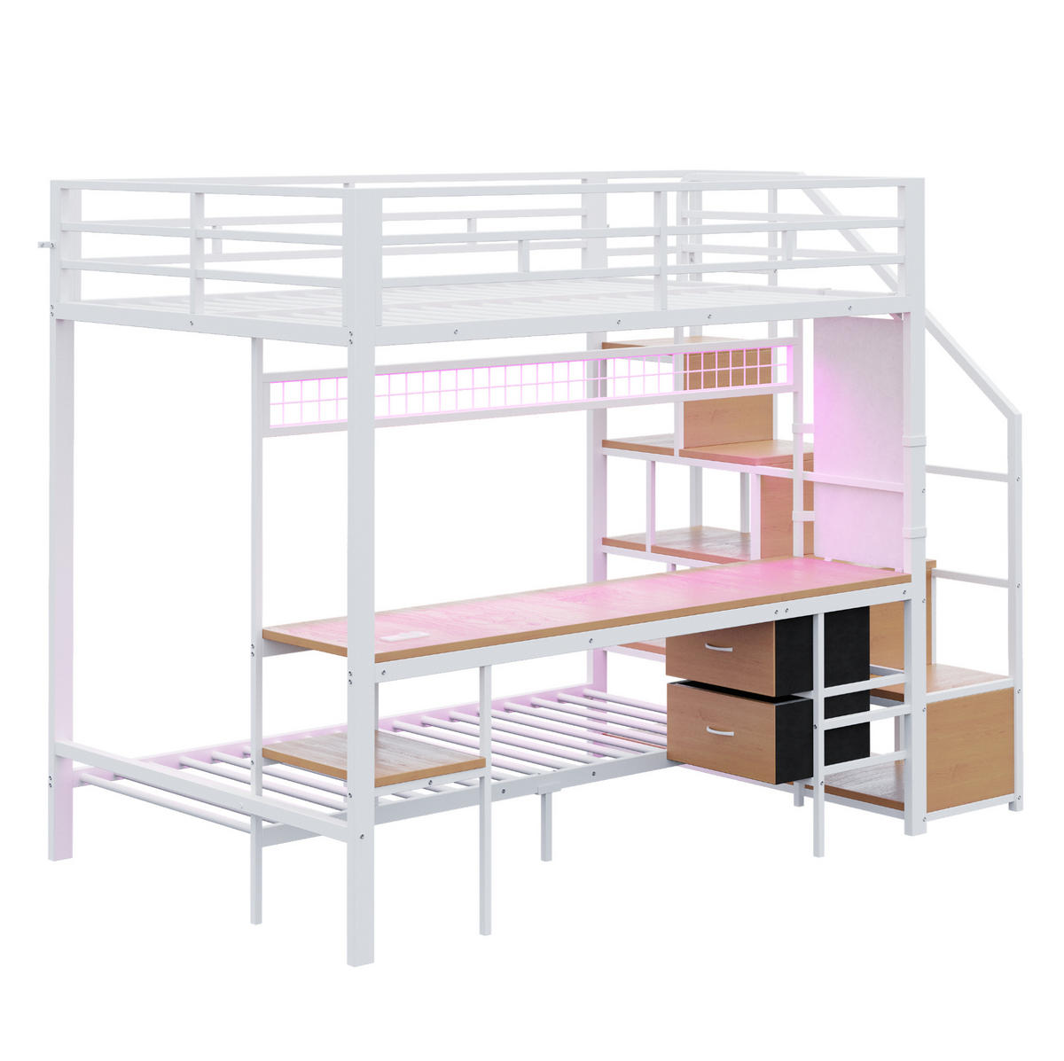 HOCHBETT mit Schreibtisch 140/200 cm in Weiß – mit Unterbett 90/200 cm - Weiß, Metall (140/200cm) - BEAOK